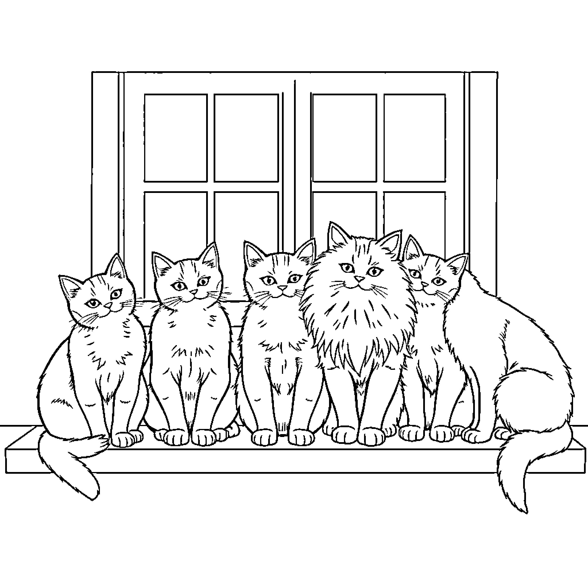 Cat family posing together on windowsill Coloring Page (free black-and-white line drawing printable PDF for all, from beginners to advanced learners, including children, teens, adults, and seniors)