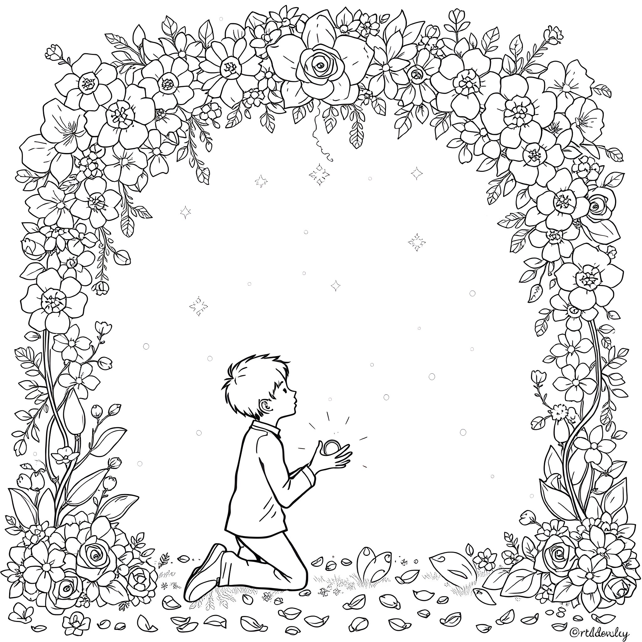 Marriage ceremony in a flower garden Coloring Page (free black-and-white line drawing printable PDF for all, from beginners to advanced learners, including children, teens, adults, and seniors)