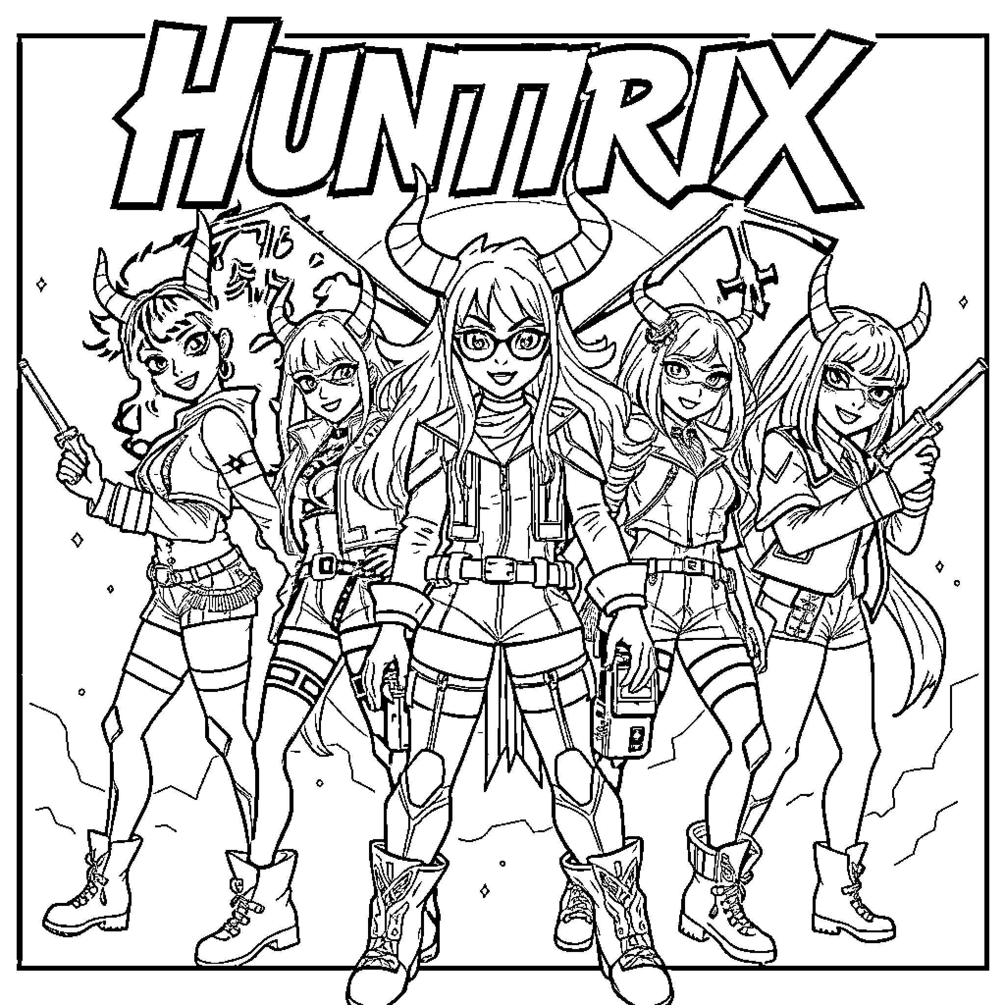 Huntrix: Fierce Female Fighters in Action Coloring Page (free black-and-white line drawing printable PDF for all, from beginners to advanced learners, including children, teens, adults, and seniors)