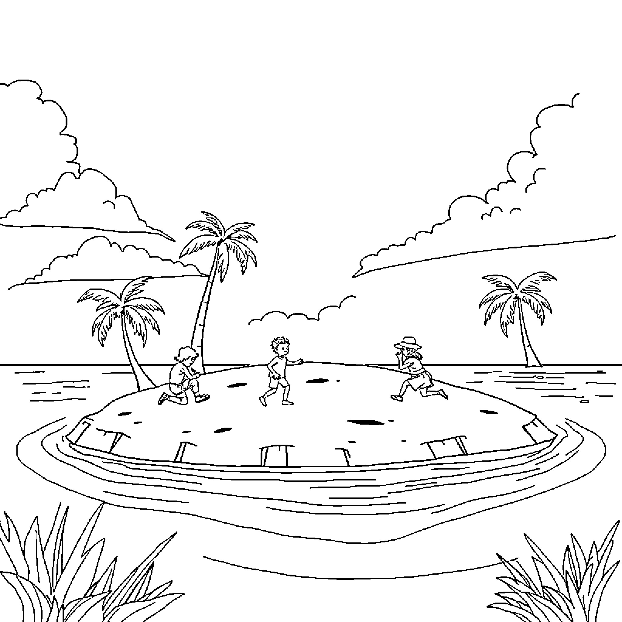 Island Kids Playing on the Beach Coloring Page (free black-and-white line drawing printable PDF for all, from beginners to advanced learners, including children, teens, adults, and seniors)