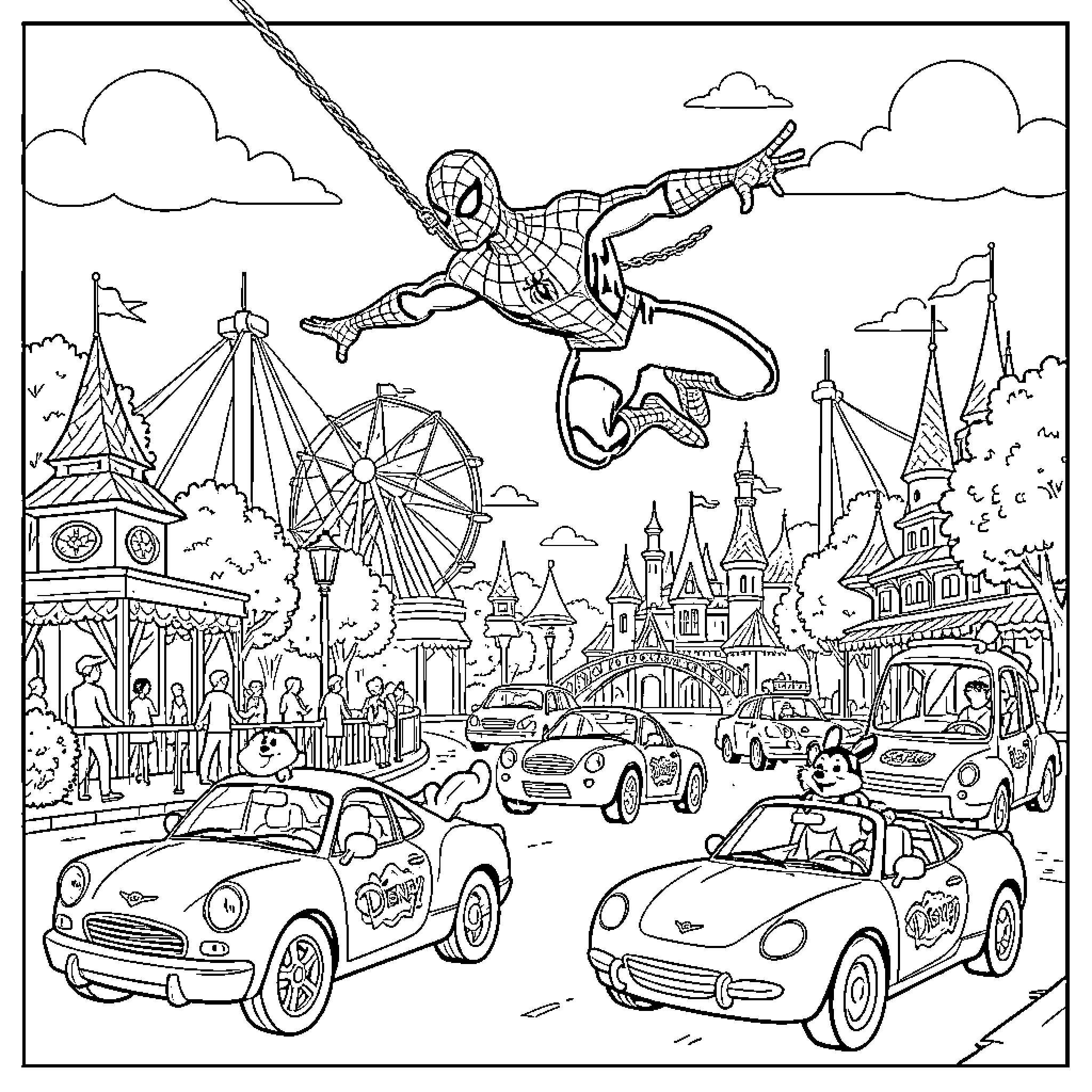 Car characters and superheroes in an amusement park Coloring Page (free black-and-white line drawing printable PDF for all, from beginners to advanced learners, including children, teens, adults, and seniors)