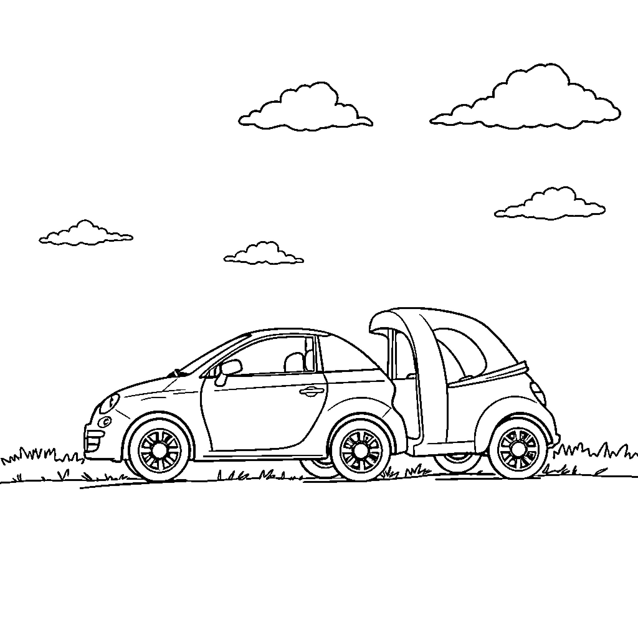 Car with open roof in scenic landscape Coloring Page (free black-and-white line drawing printable PDF for all, from beginners to advanced learners, including children, teens, adults, and seniors)