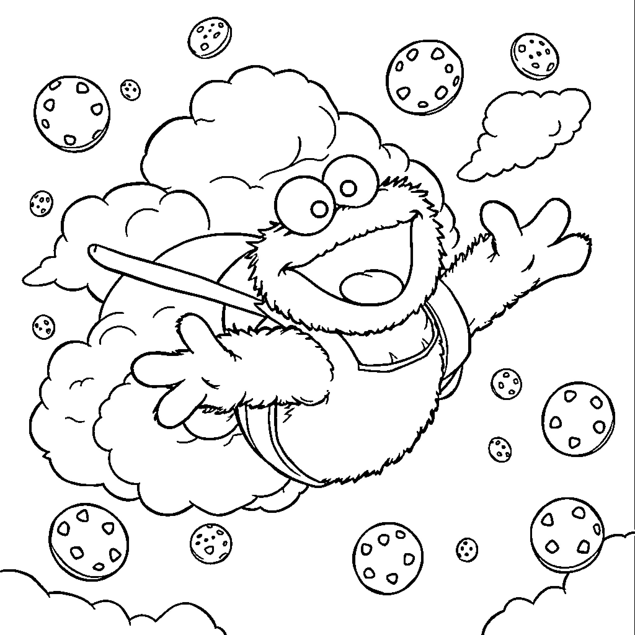 Cookie Monster playing happily in the clouds Coloring Page (free black-and-white line drawing printable PDF for all, from beginners to advanced learners, including children, teens, adults, and seniors)