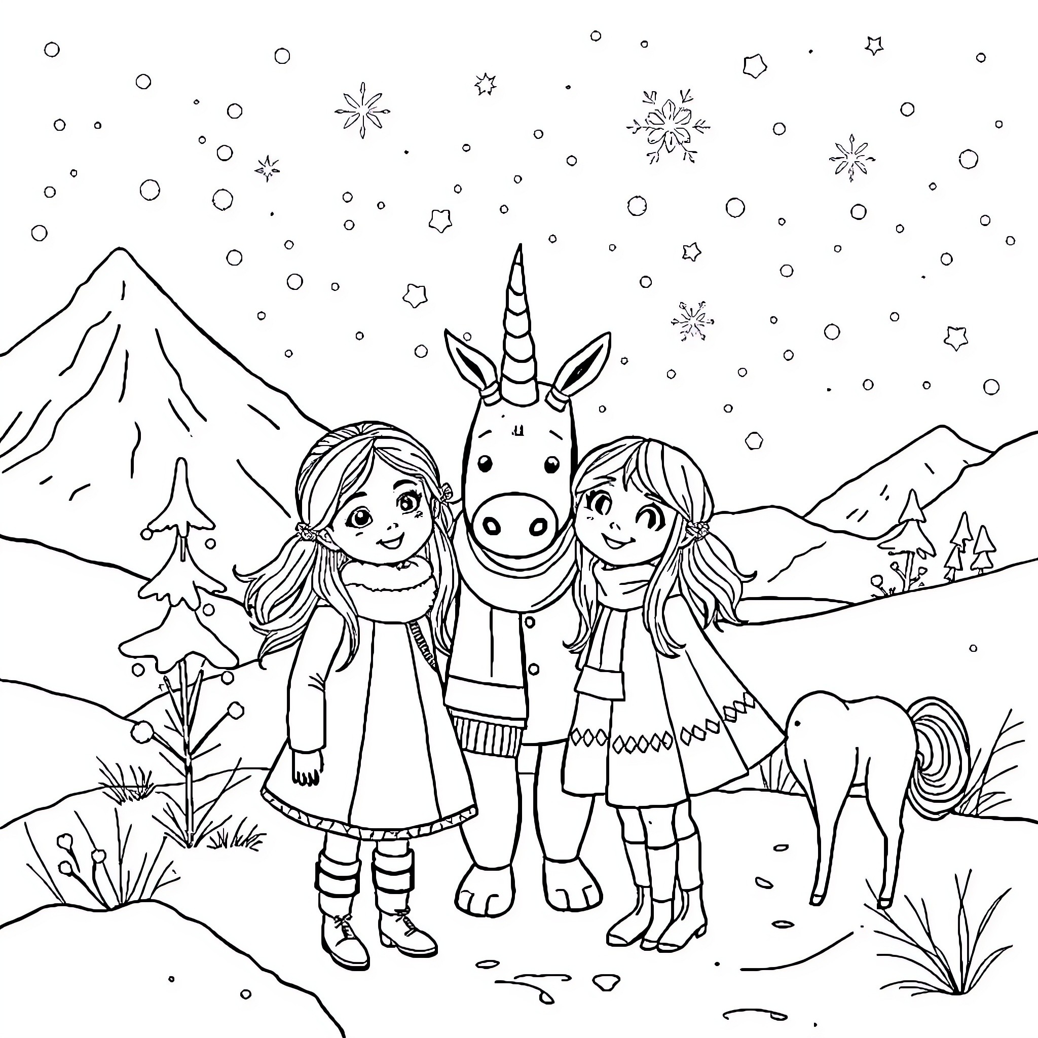 Girl and Friends Explore Magical Snowy Wonderland Coloring Page (free black-and-white line drawing printable PDF for all, from beginners to advanced learners, including children, teens, adults, and seniors)