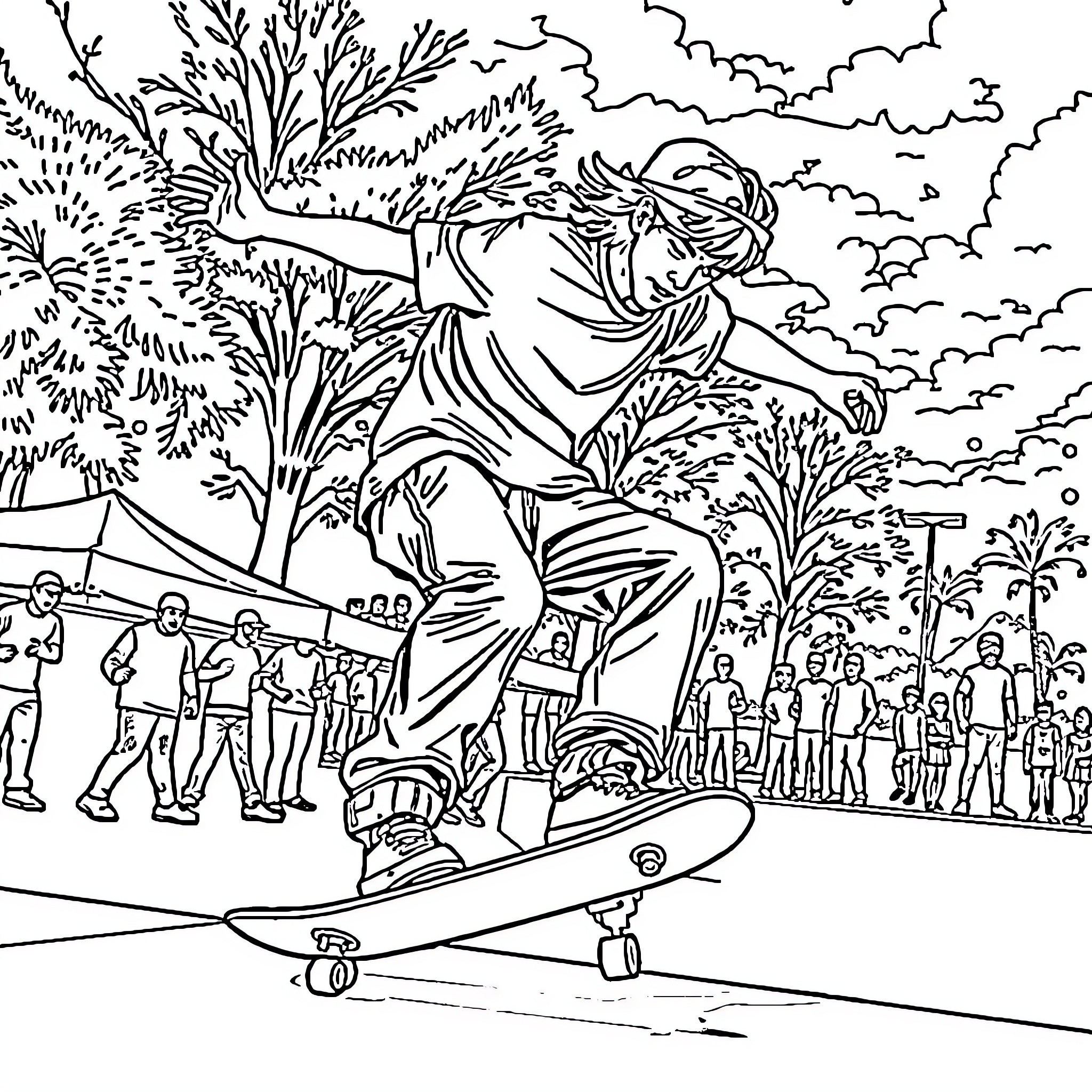 Skateboarder performing trick in a lively outdoor scene Coloring Page (free black-and-white line drawing printable PDF for all, from beginners to advanced learners, including children, teens, adults, and seniors)