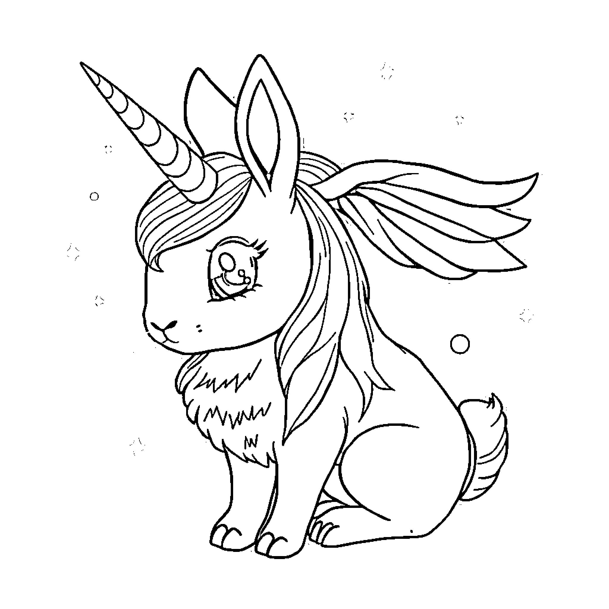 Unicorn Rabbit sitting calmly in a magical scene Coloring Page (free black-and-white line drawing printable PDF for all, from beginners to advanced learners, including children, teens, adults, and seniors)