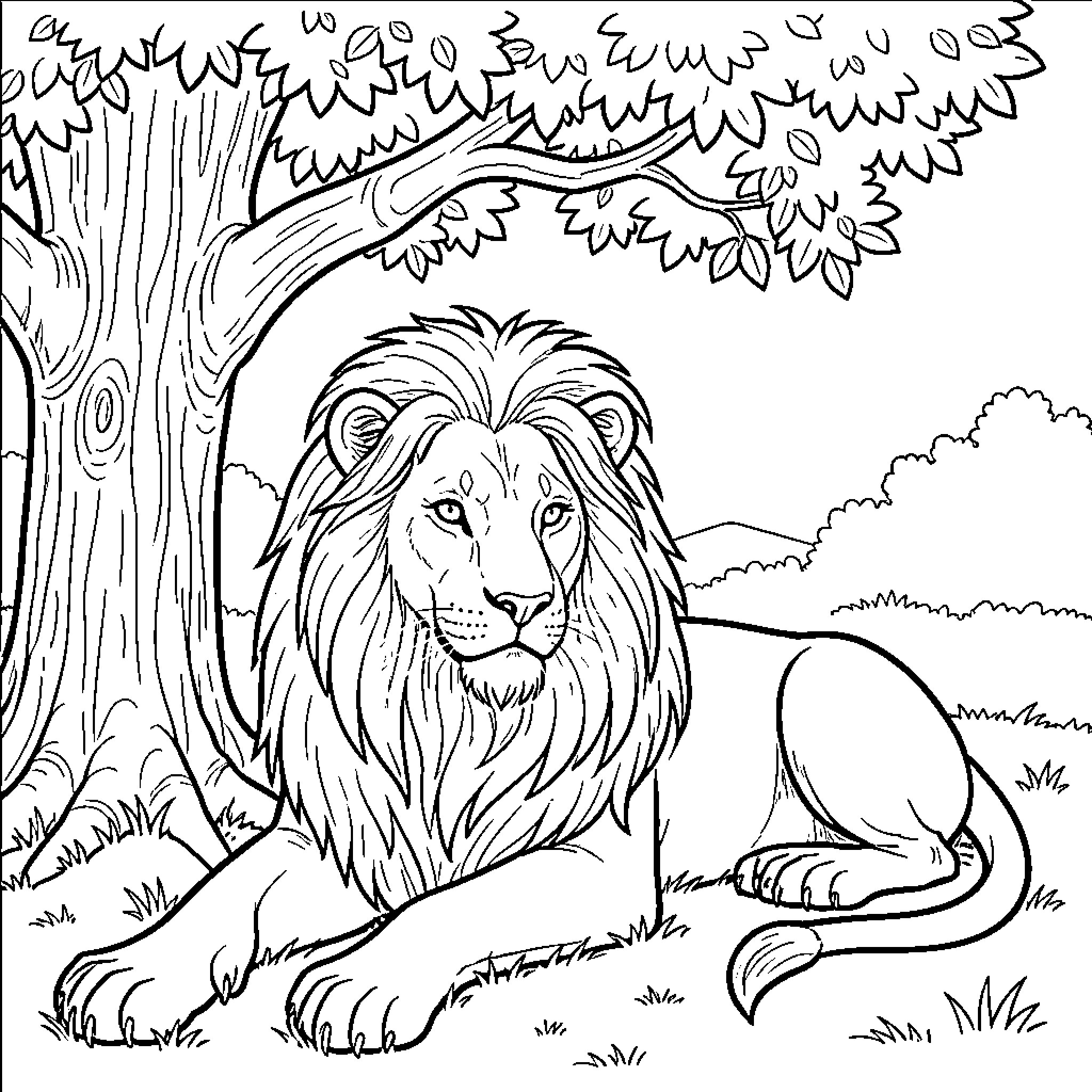 Lion resting under a tree in the wild Coloring Page (free black-and-white line drawing printable PDF for all, from beginners to advanced learners, including children, teens, adults, and seniors)