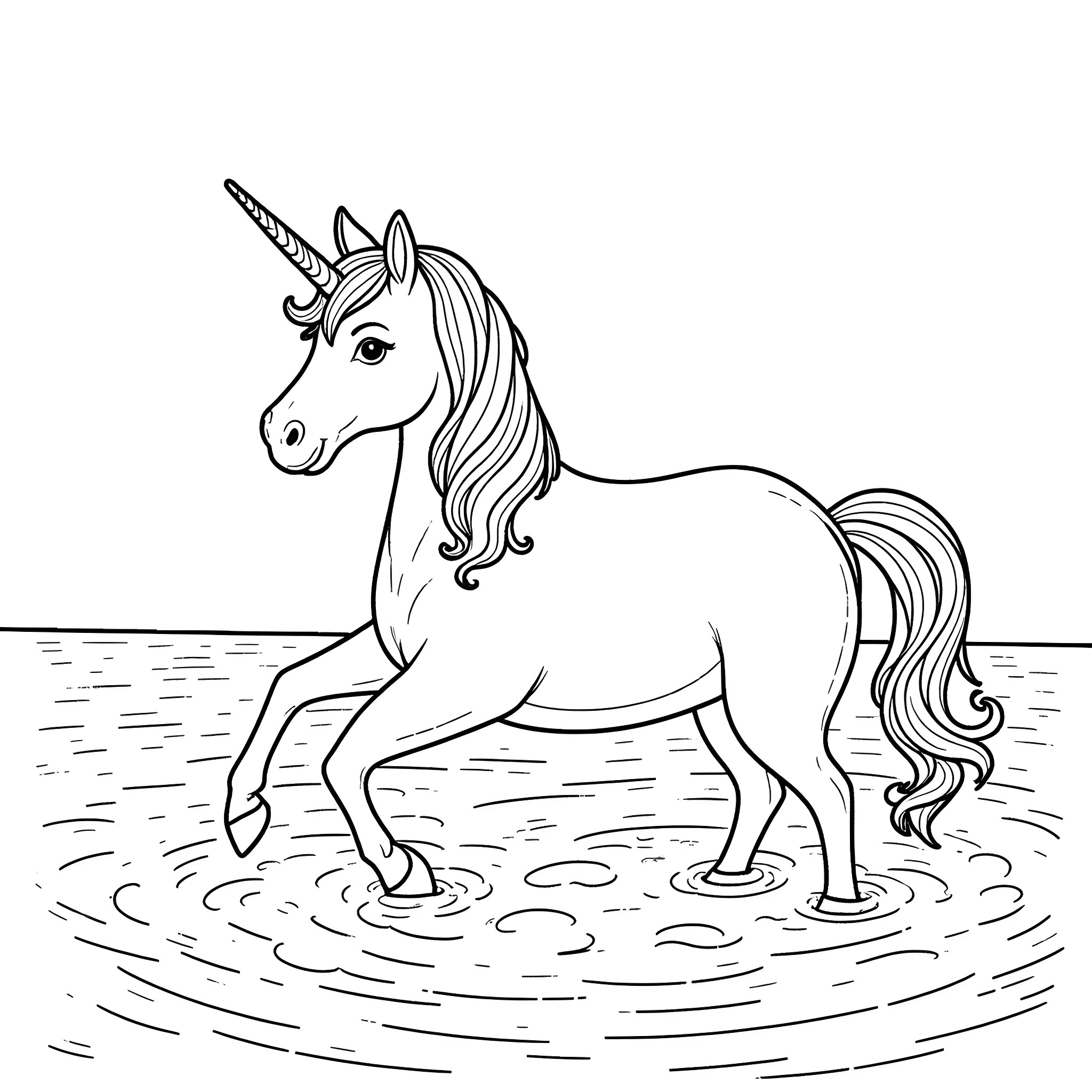 Unicorn wading through serene waters Coloring Page (free black-and-white line drawing printable PDF for all, from beginners to advanced learners, including children, teens, adults, and seniors)