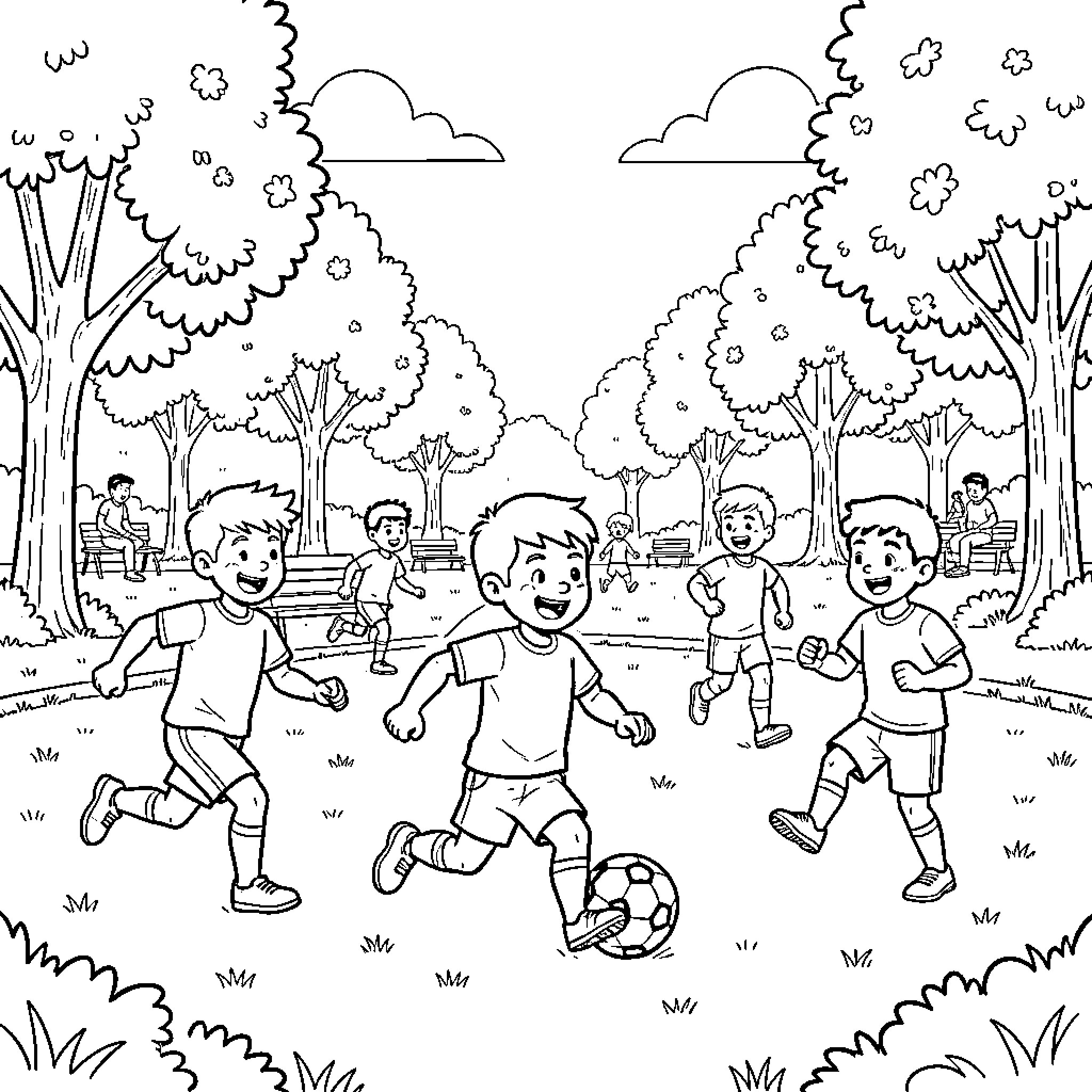 Elmer playing soccer with friends in a park Coloring Page (free black-and-white line drawing printable PDF for all, from beginners to advanced learners, including children, teens, adults, and seniors)