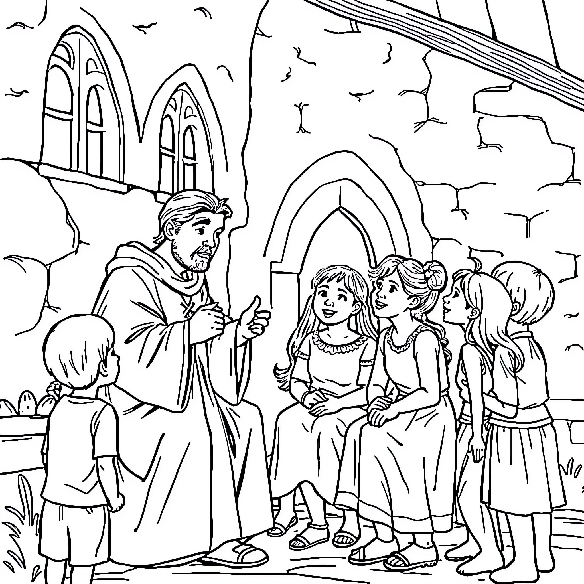 San Agustín: A Religious Leader Interacting with a Group Coloring Page (free black-and-white line drawing printable PDF for all, from beginners to advanced learners, including children, teens, adults, and seniors)