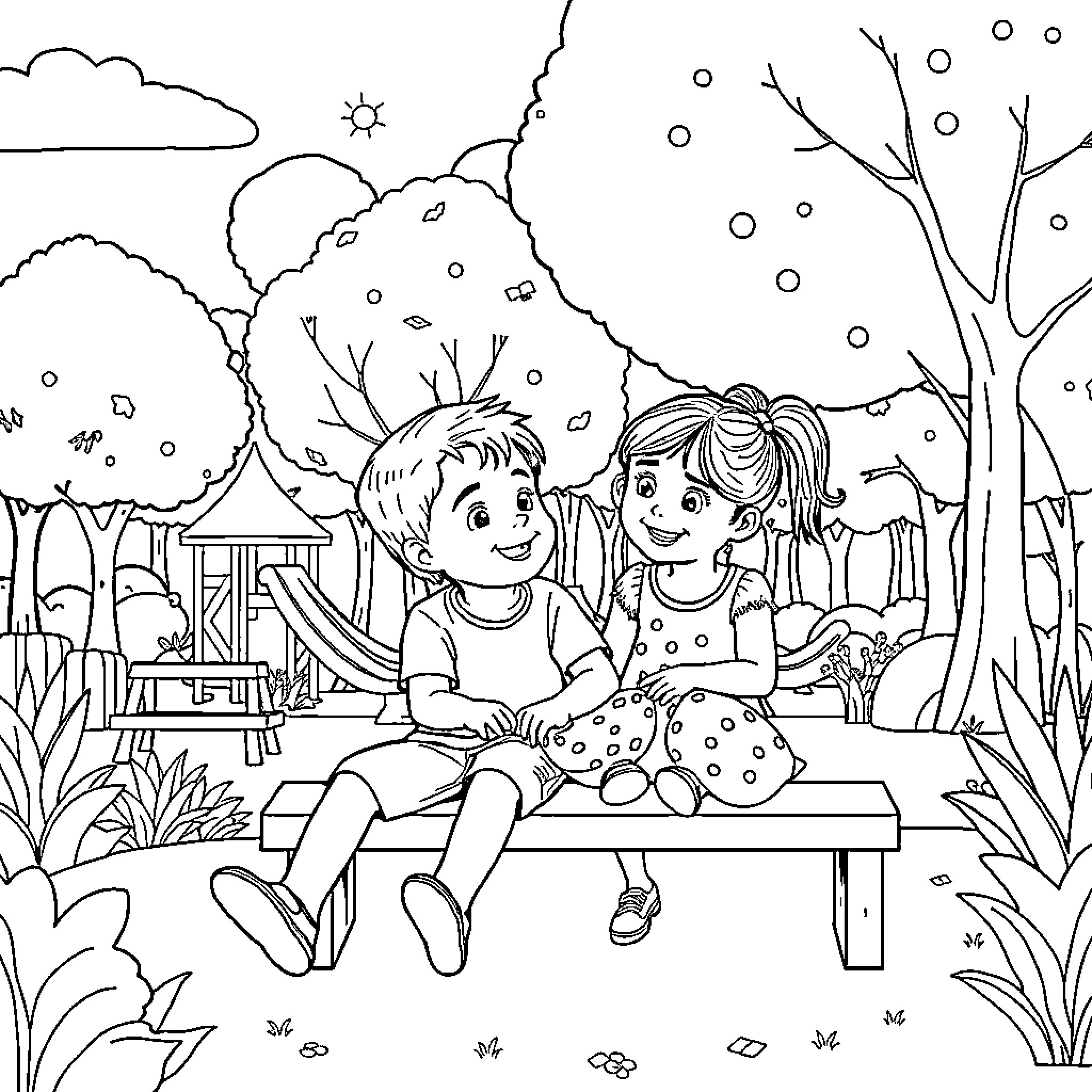 Child friends enjoying outdoor scenery Coloring Page (free black-and-white line drawing printable PDF for all, from beginners to advanced learners, including children, teens, adults, and seniors)