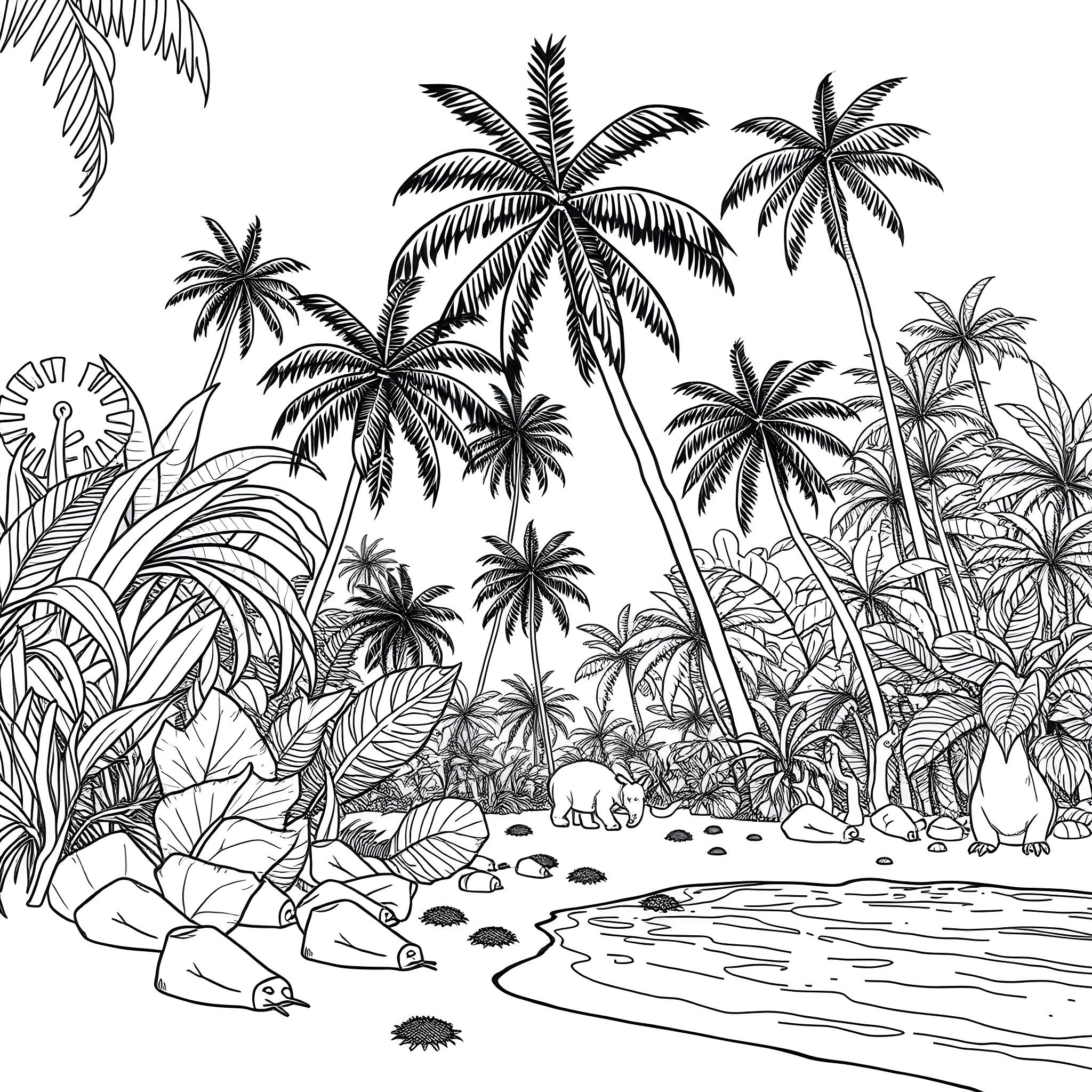 Jungle scenery with palm trees and lush vegetation Coloring Page (free black-and-white line drawing printable PDF for all, from beginners to advanced learners, including children, teens, adults, and seniors)