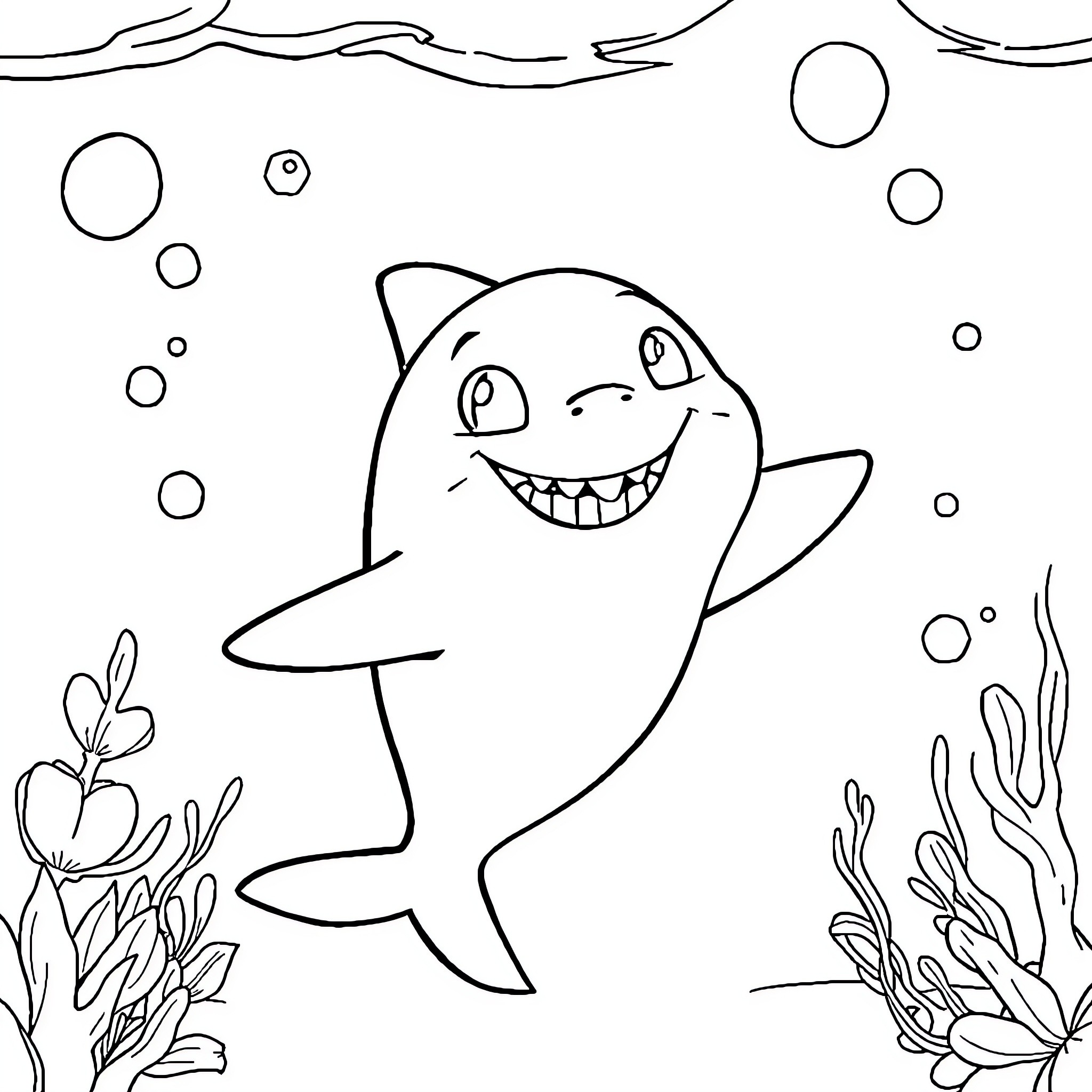 Shark swimming happily underwater Coloring Page (free black-and-white line drawing printable PDF for all, from beginners to advanced learners, including children, teens, adults, and seniors)