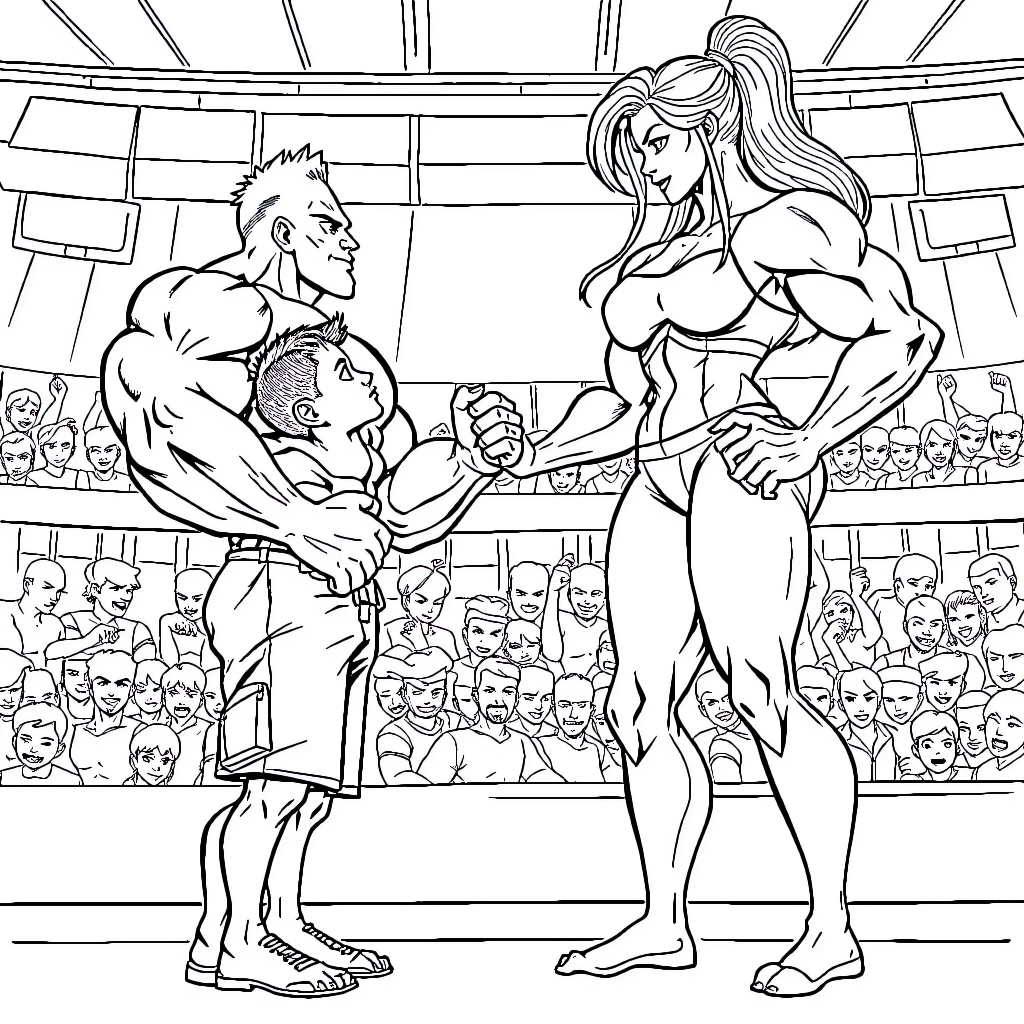 Competitor Wrestlers Facing Off in Arena Coloring Page (free black-and-white line drawing printable PDF for all, from beginners to advanced learners, including children, teens, adults, and seniors)