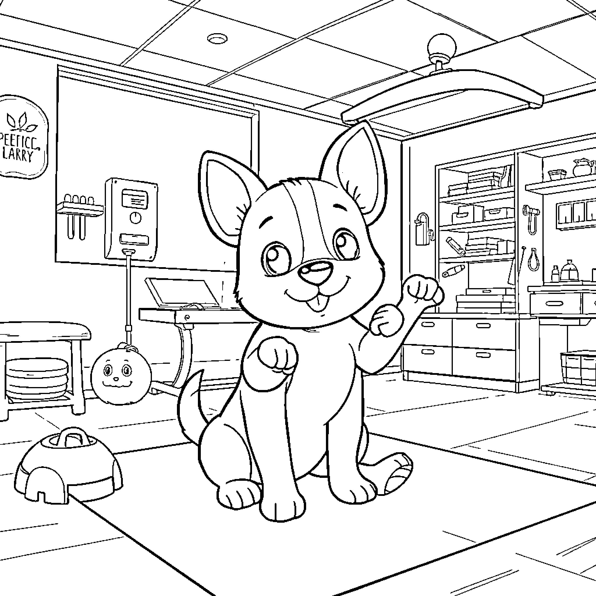 Perrito exploring a cozy kitchen Coloring Page (free black-and-white line drawing printable PDF for all, from beginners to advanced learners, including children, teens, adults, and seniors)