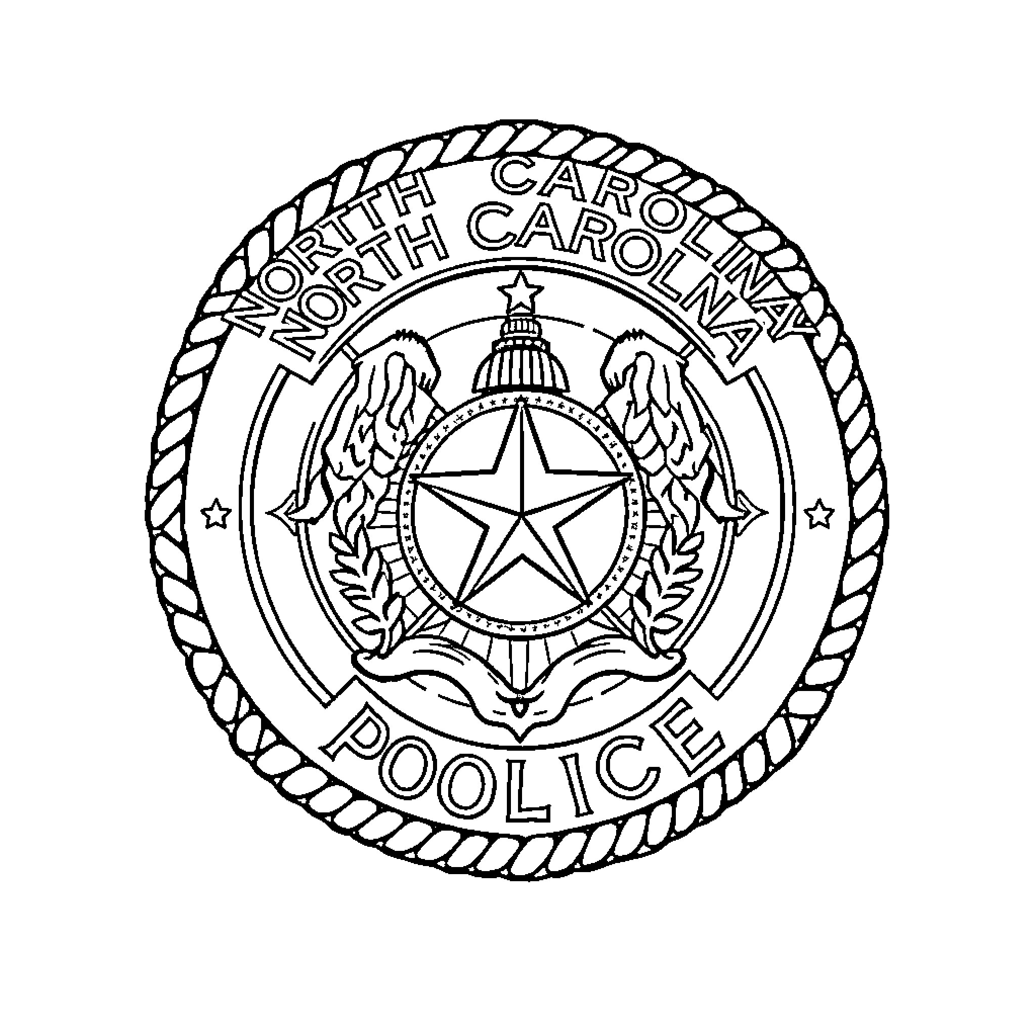 Police Patch depicting official seal of North Carolina Coloring Page (free black-and-white line drawing printable PDF for all, from beginners to advanced learners, including children, teens, adults, and seniors)