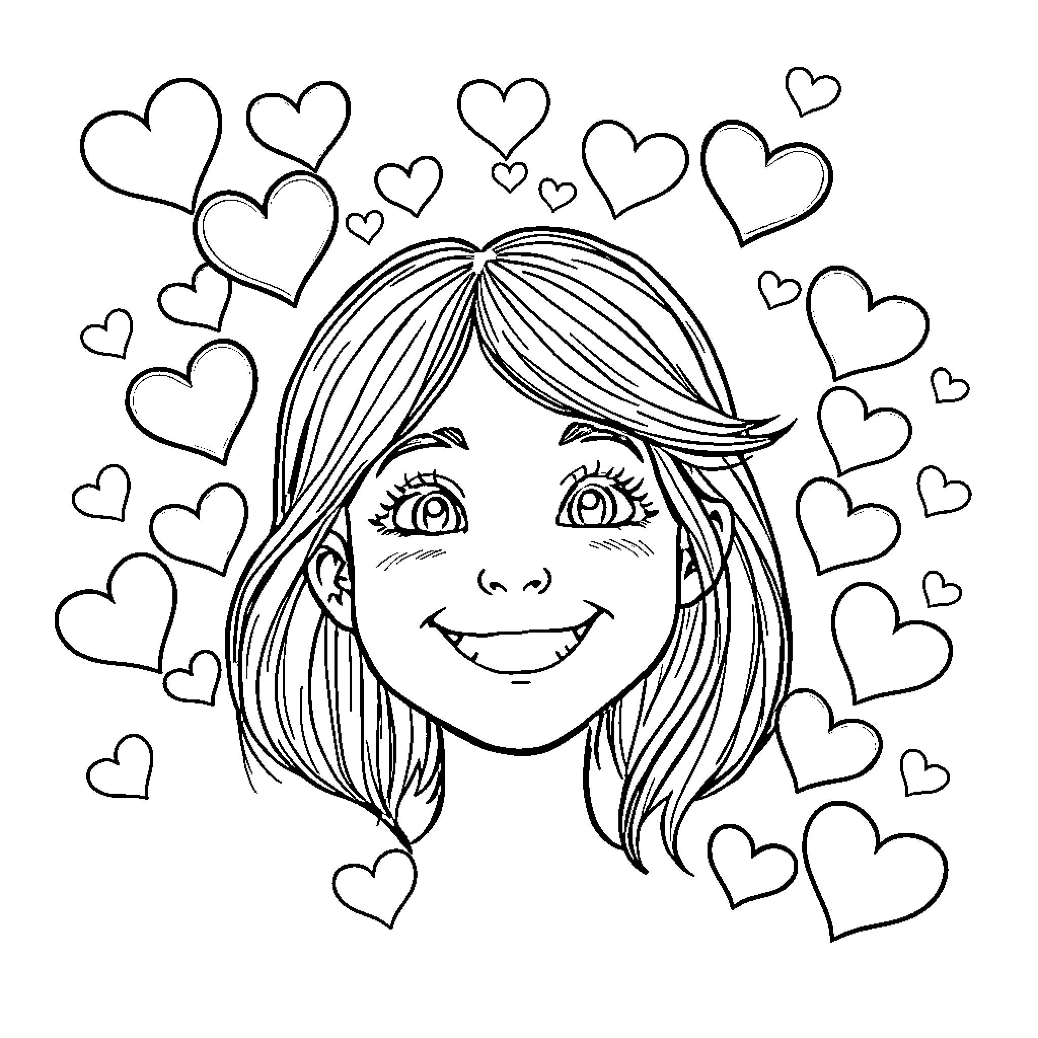 Girl smiling with hearts surrounding her Coloring Page (free black-and-white line drawing printable PDF for all, from beginners to advanced learners, including children, teens, adults, and seniors)