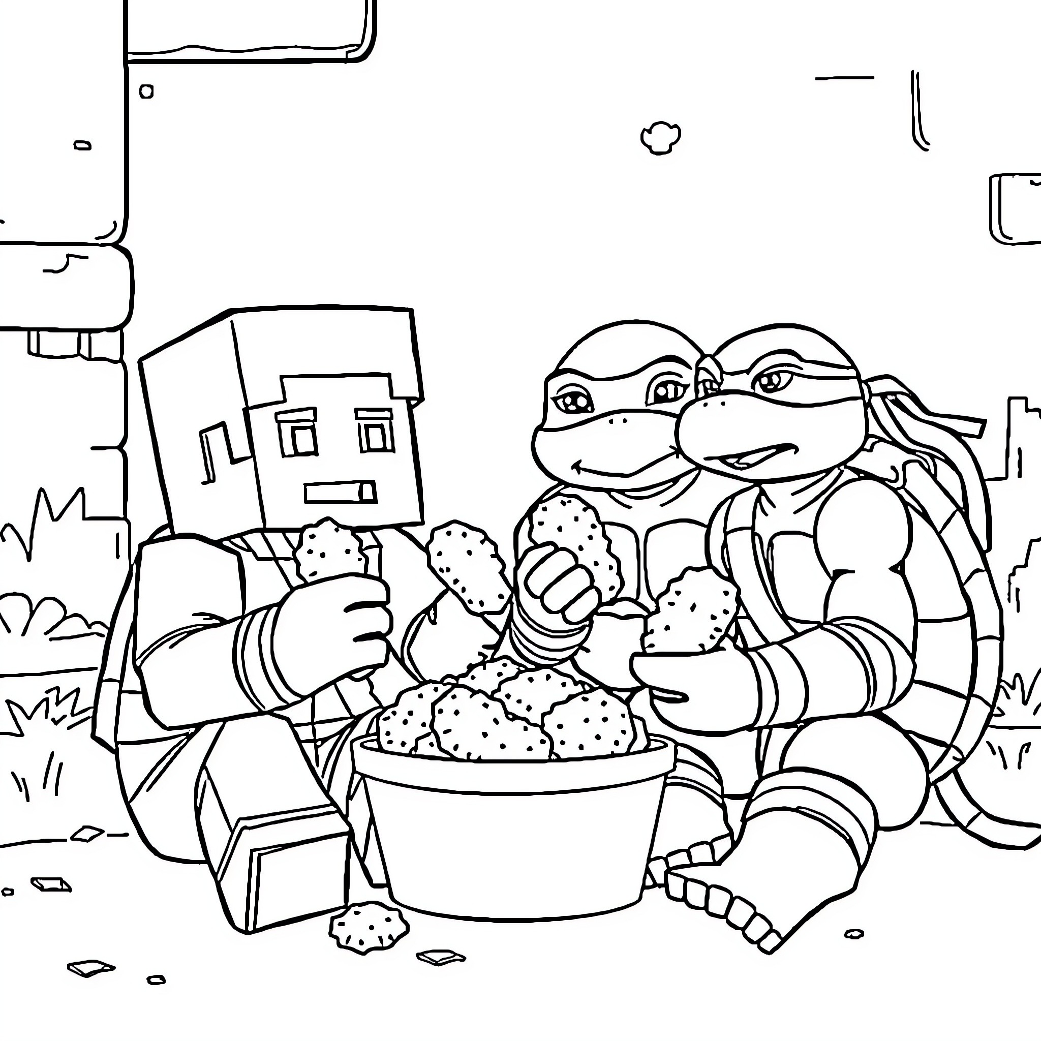 Minecraft Ninja Turtle Enjoying Snacks in the City Coloring Page (free black-and-white line drawing printable PDF for all, from beginners to advanced learners, including children, teens, adults, and seniors)
