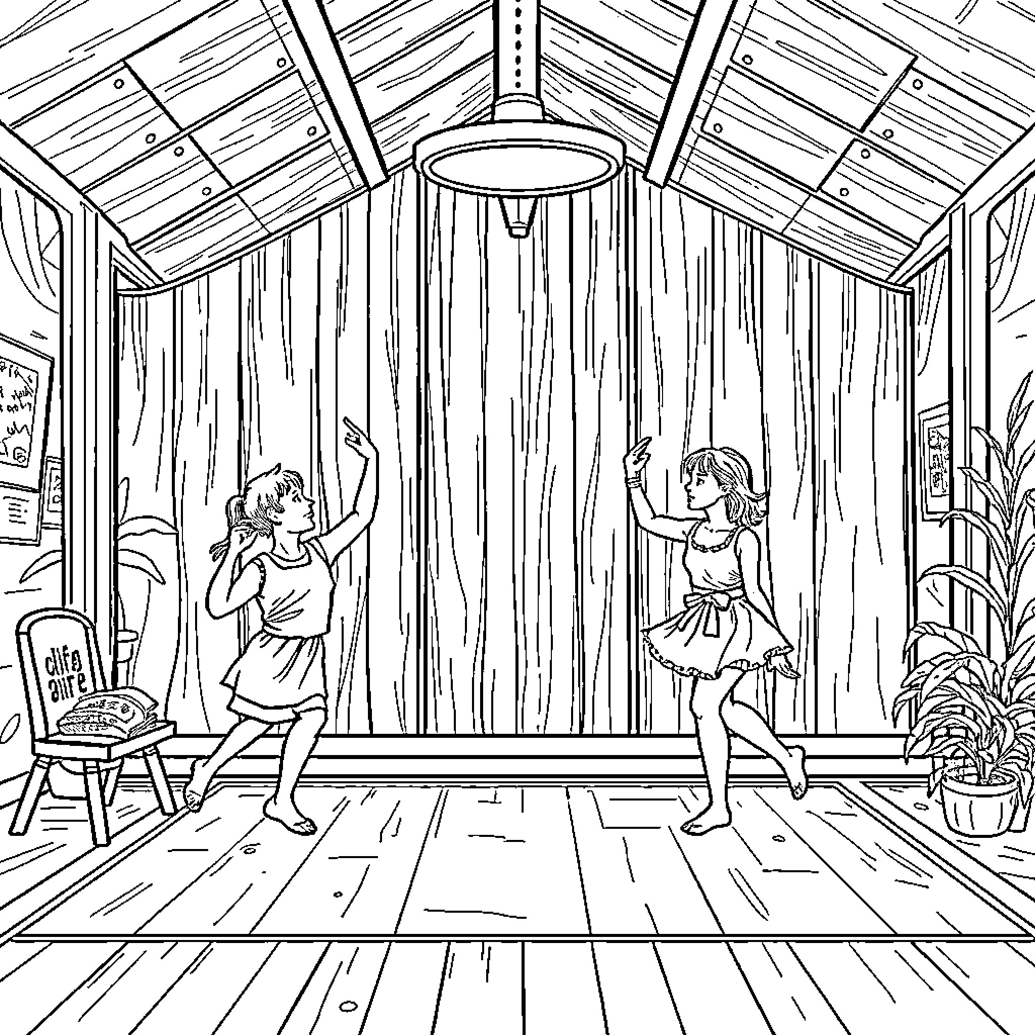 Child performers dancing on stage in a theater Coloring Page (free black-and-white line drawing printable PDF for all, from beginners to advanced learners, including children, teens, adults, and seniors)