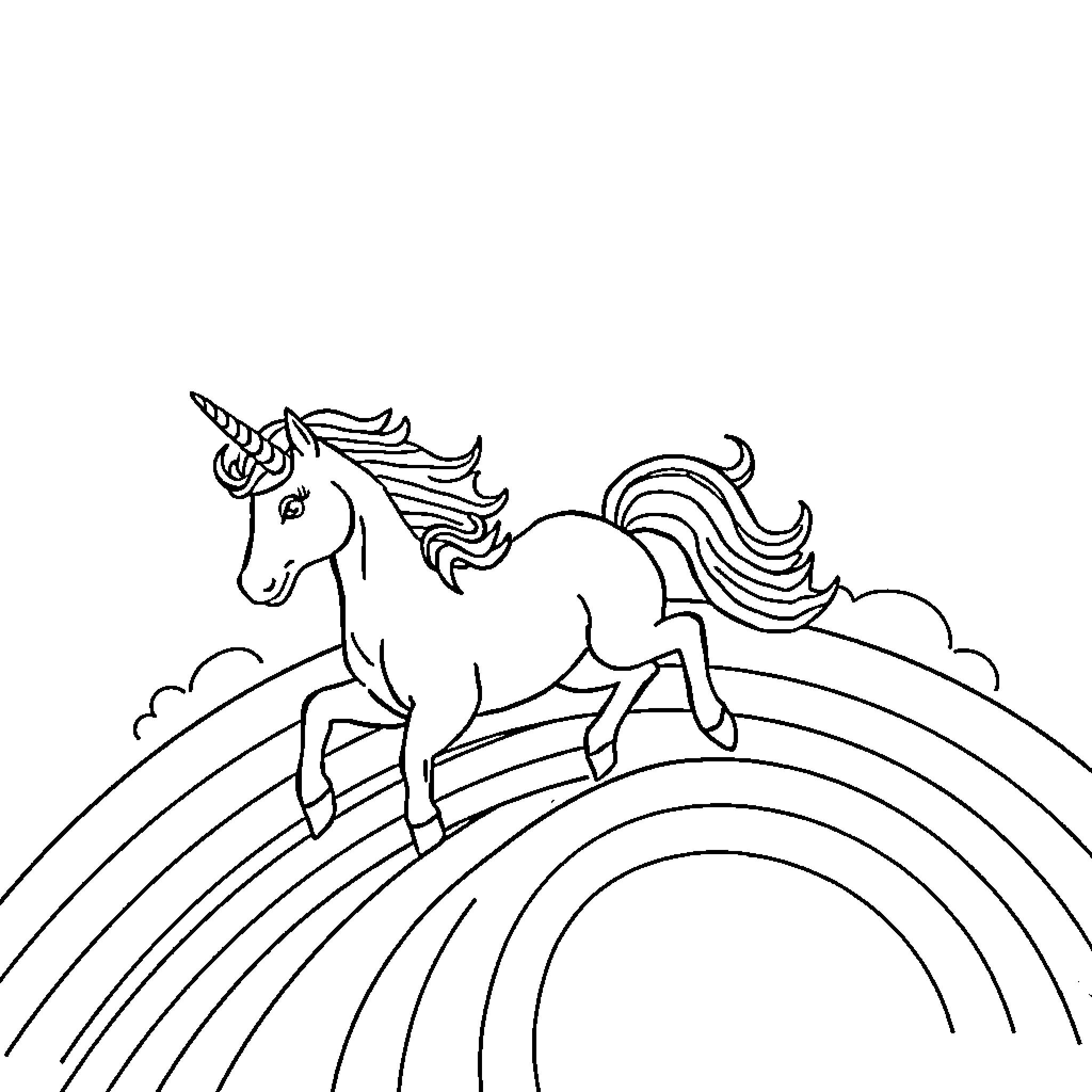 Unicorn galloping over a rainbow Coloring Page (free black-and-white line drawing printable PDF for all, from beginners to advanced learners, including children, teens, adults, and seniors)