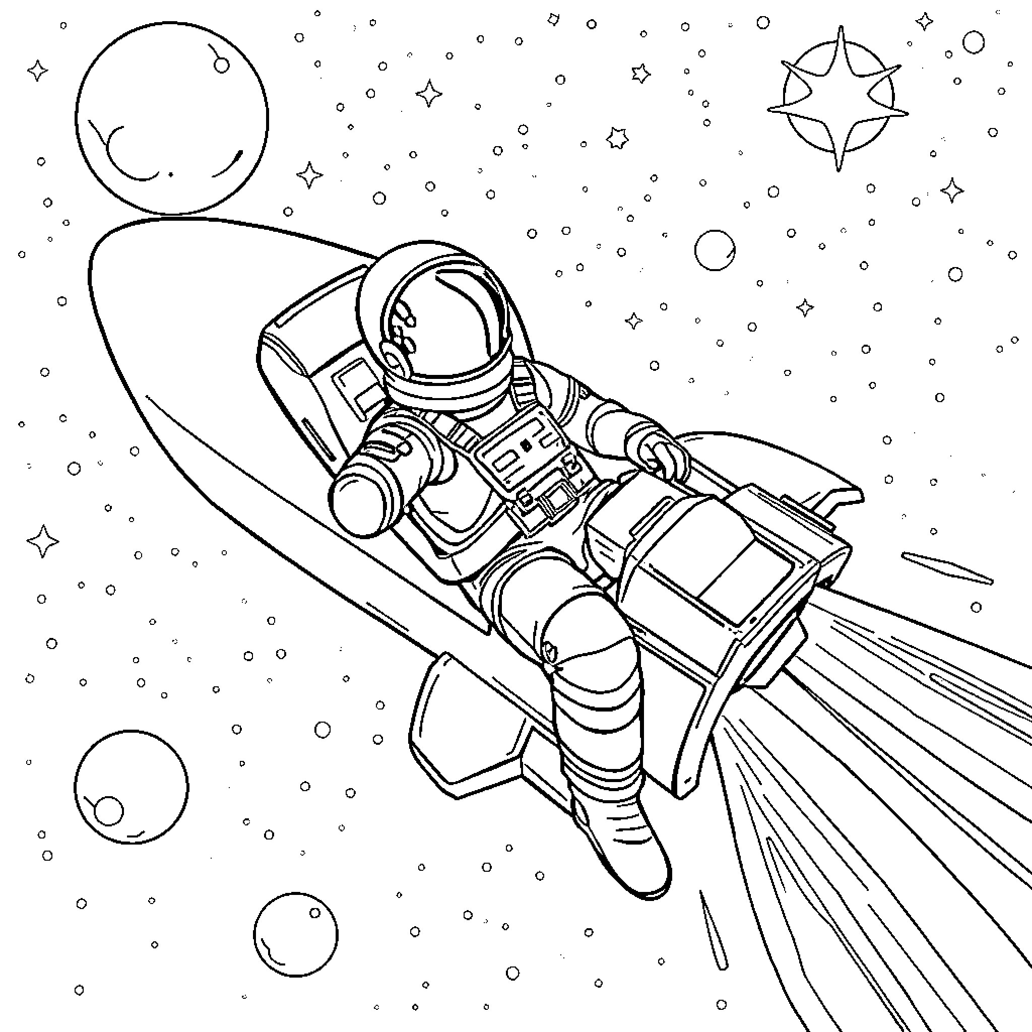 Astronaut flying through the starry cosmos Coloring Page (free black-and-white line drawing printable PDF for all, from beginners to advanced learners, including children, teens, adults, and seniors)