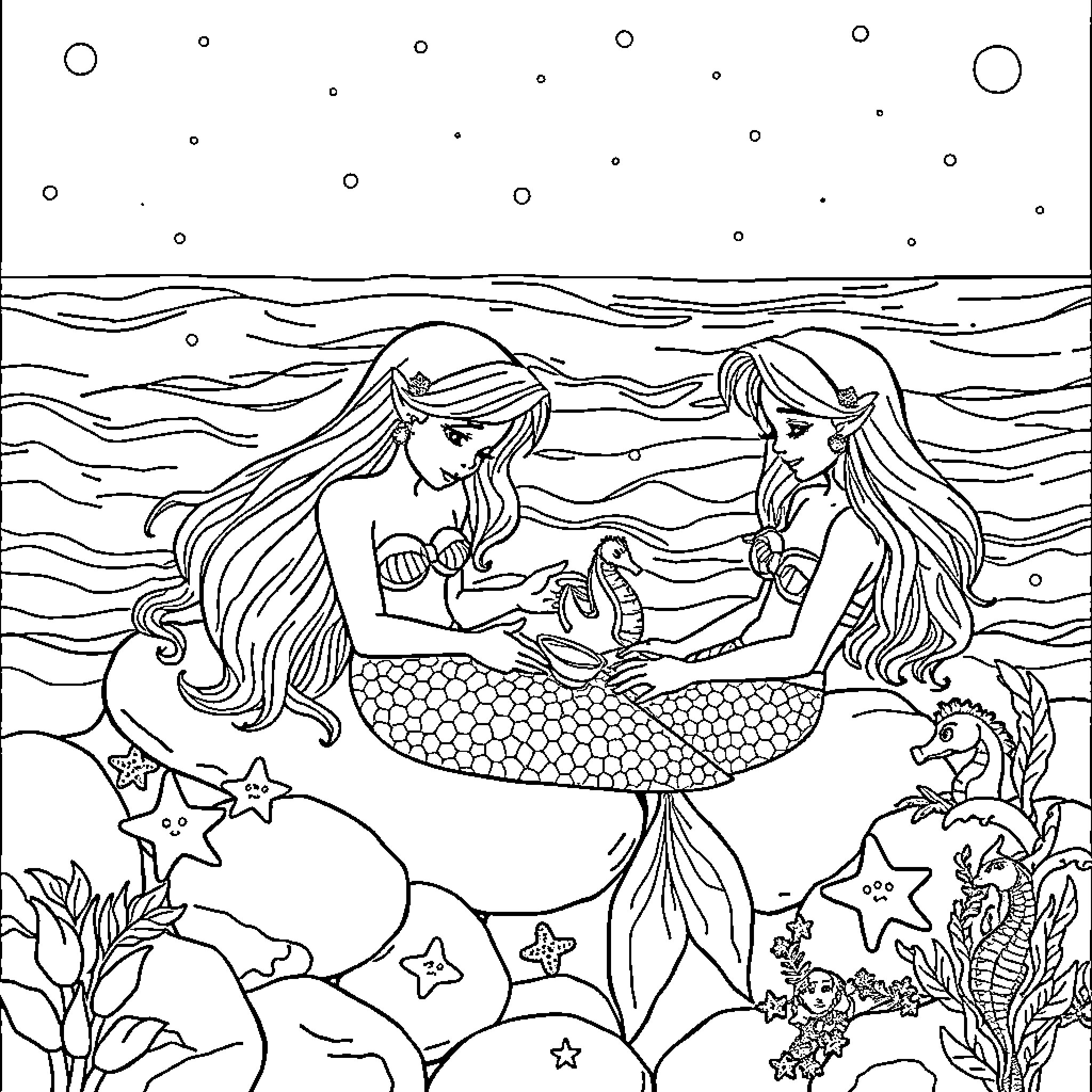 Mermaid sisters playing in the underwater world Coloring Page (free black-and-white line drawing printable PDF for all, from beginners to advanced learners, including children, teens, adults, and seniors)