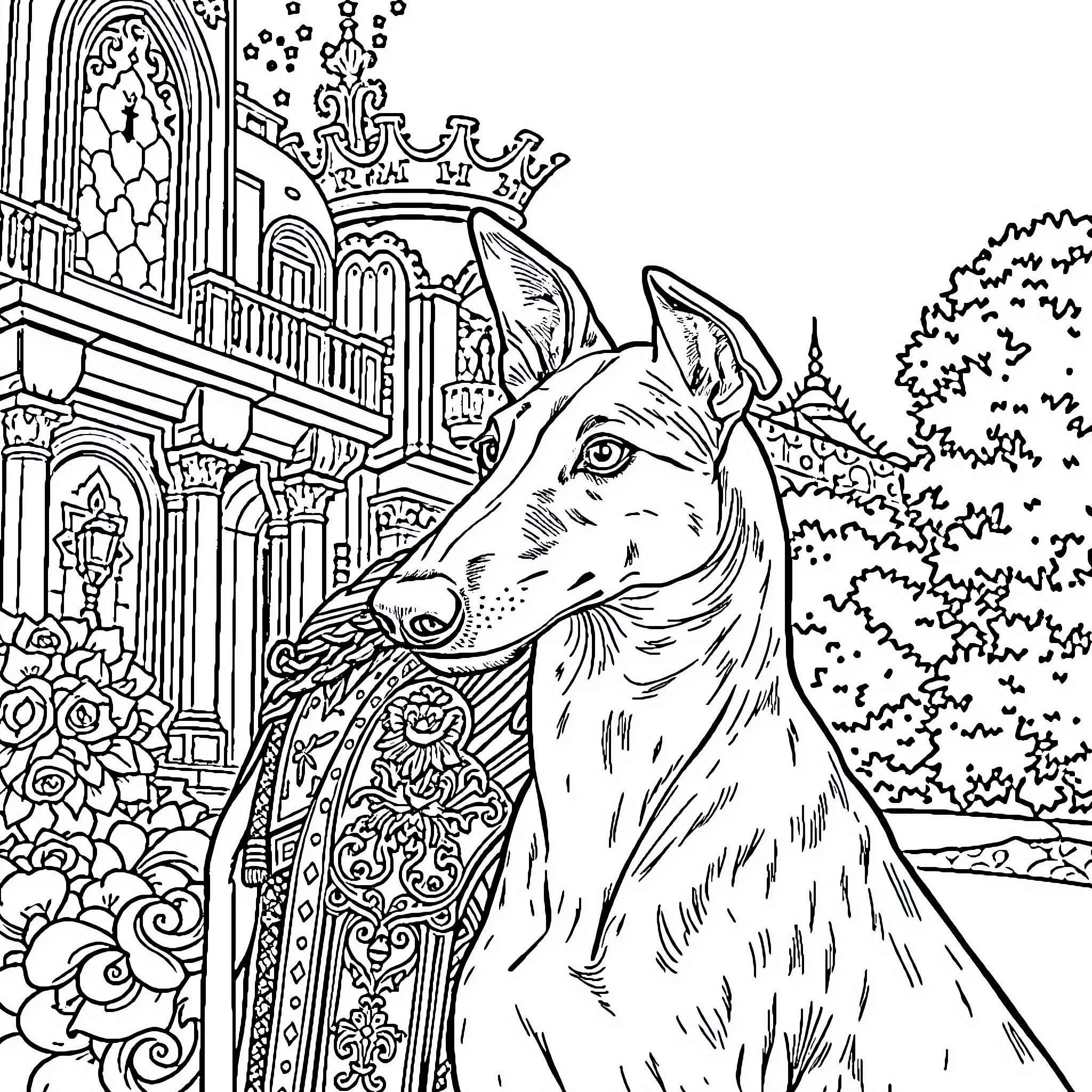 Greyhound in an ornate medieval setting Coloring Page (free black-and-white line drawing printable PDF for all, from beginners to advanced learners, including children, teens, adults, and seniors)