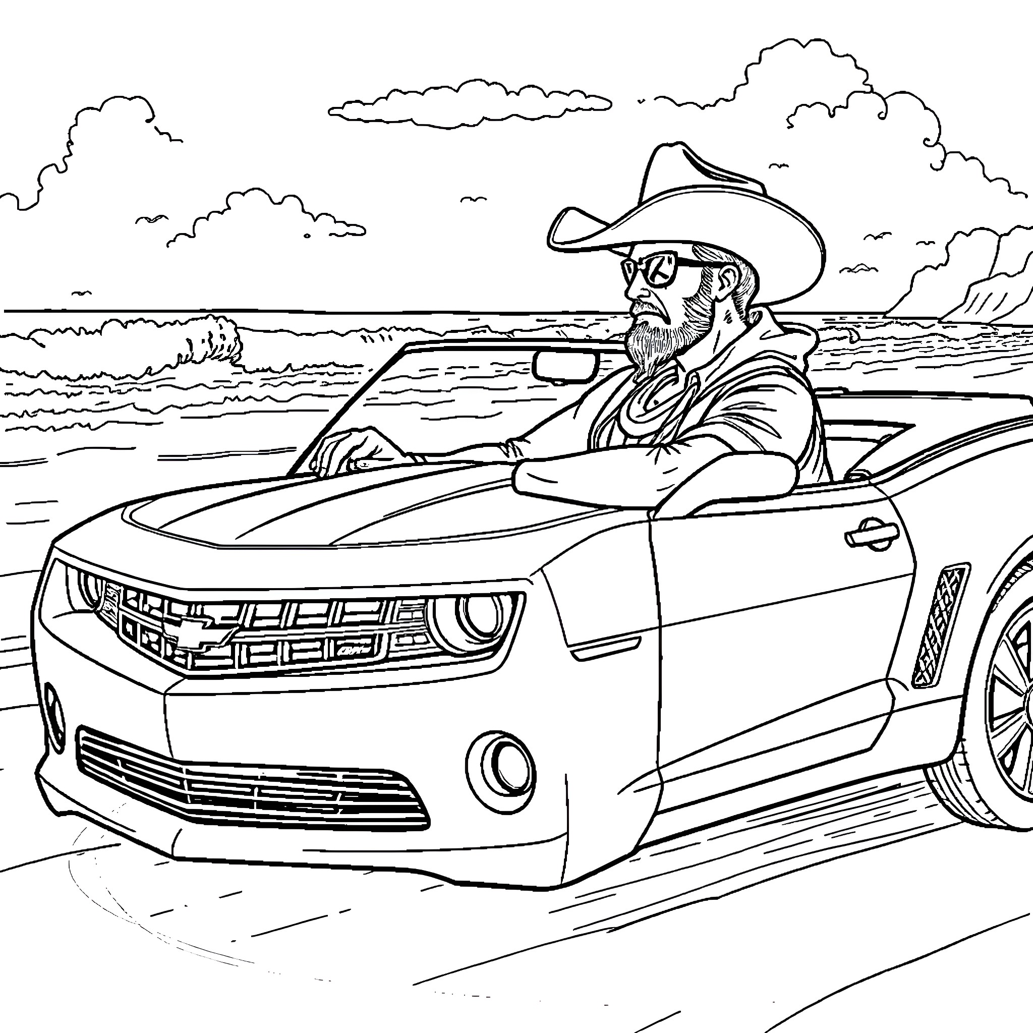 Cowboy riding a sports car on the beach Coloring Page (free black-and-white line drawing printable PDF for all, from beginners to advanced learners, including children, teens, adults, and seniors)