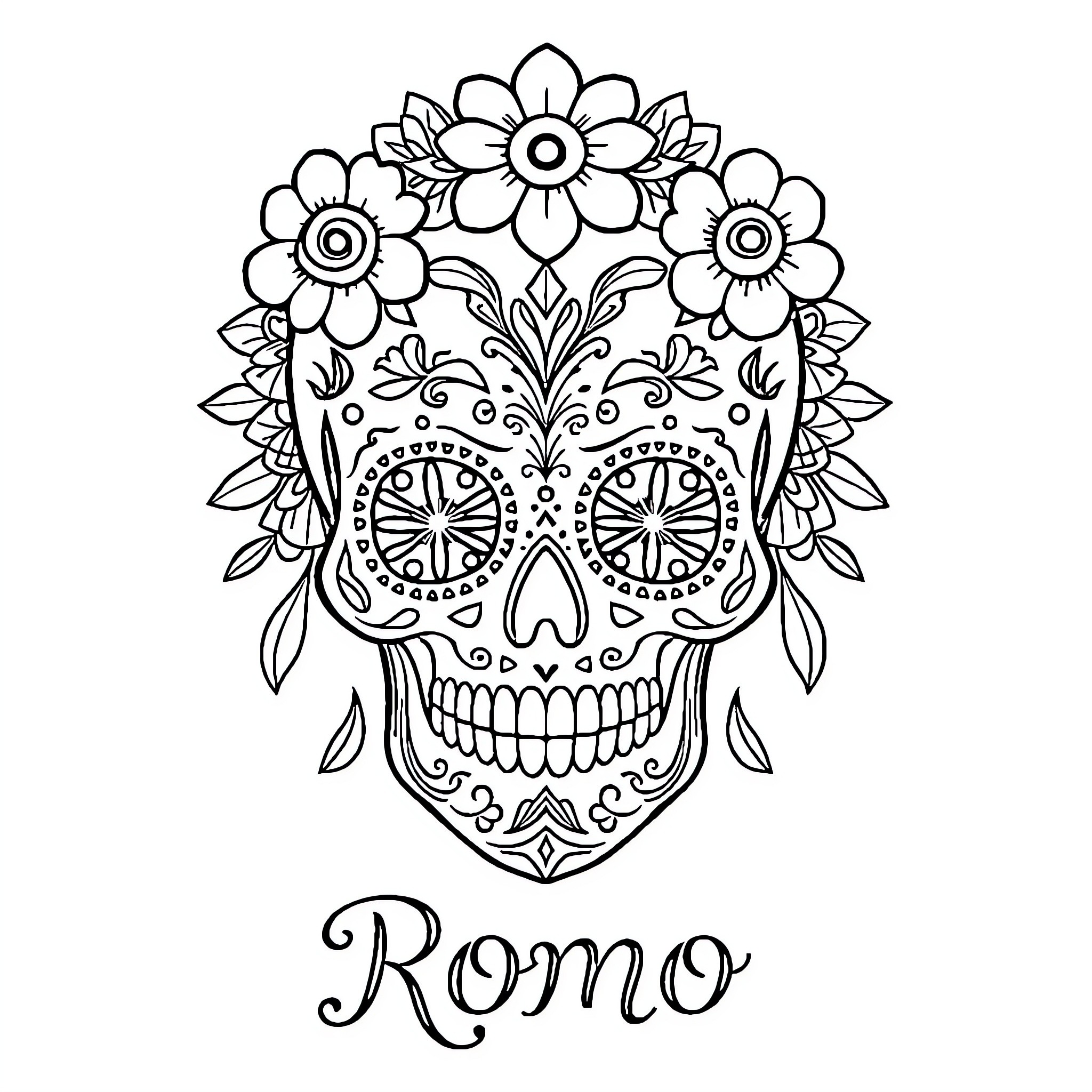 Sugar Skull with Intricate Floral Designs Coloring Page (free black-and-white line drawing printable PDF for all, from beginners to advanced learners, including children, teens, adults, and seniors)