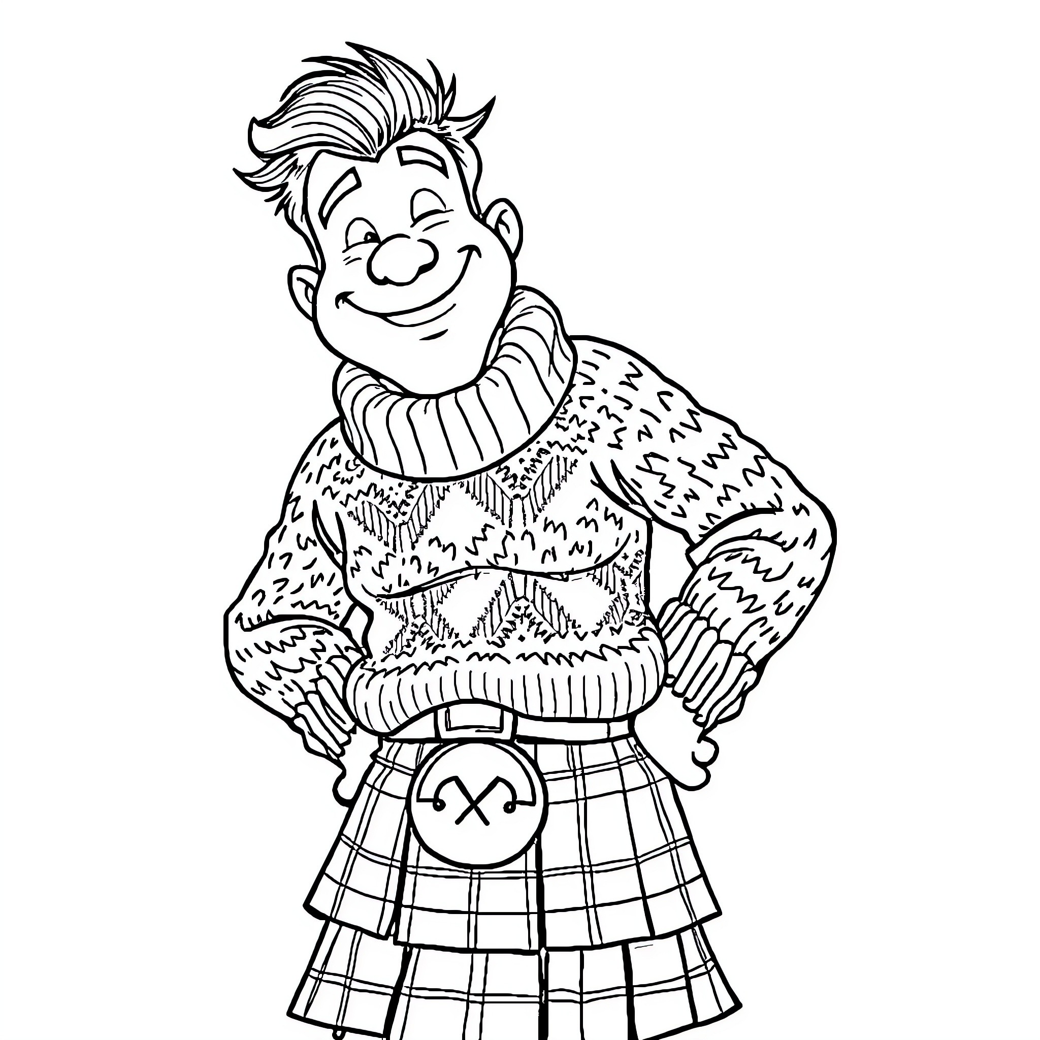 Scotsman dressed in traditional attire with a cheerful expression Coloring Page (free black-and-white line drawing printable PDF for all, from beginners to advanced learners, including children, teens, adults, and seniors)