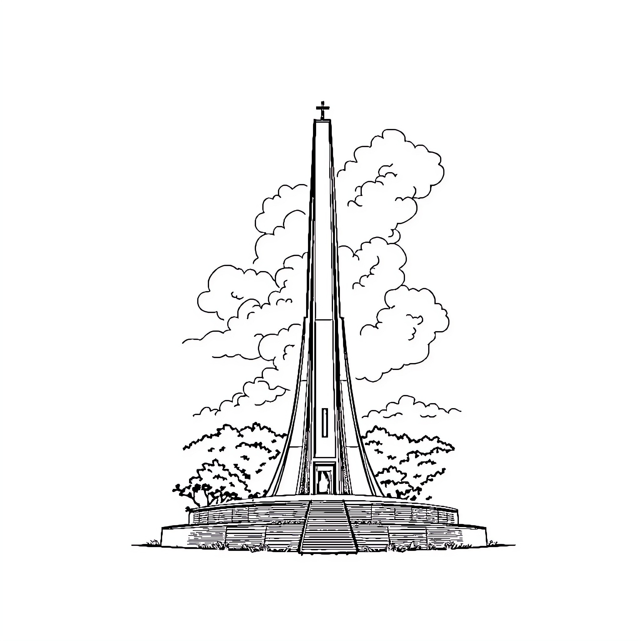 Monument of a tall structure surrounded by clouds Coloring Page (free black-and-white line drawing printable PDF for all, from beginners to advanced learners, including children, teens, adults, and seniors)