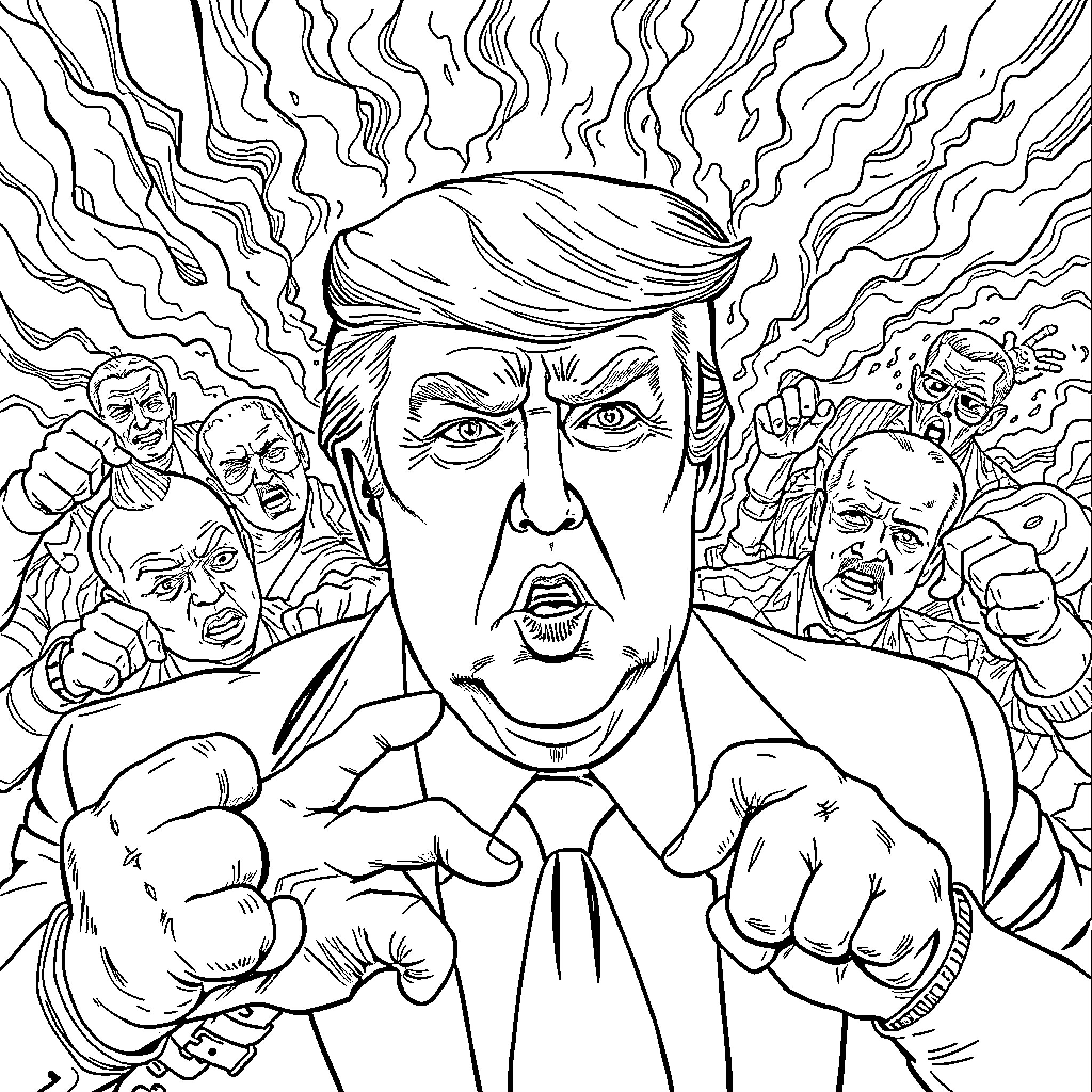 Donald Trump in an Angry Political Cartoon Coloring Page (free black-and-white line drawing printable PDF for all, from beginners to advanced learners, including children, teens, adults, and seniors)