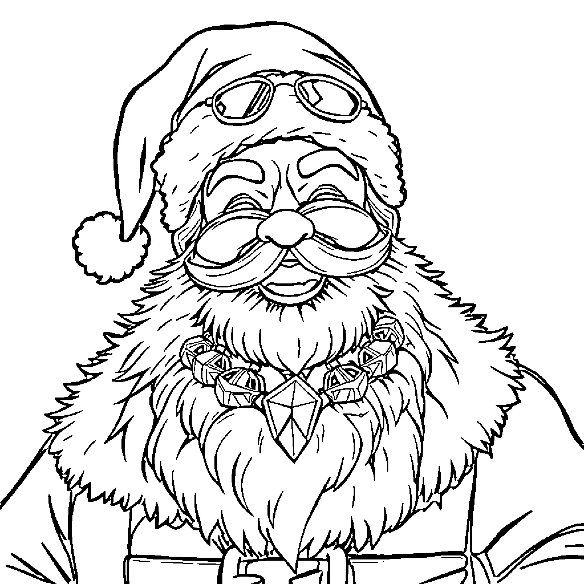 Santa in Sunglasses and Festive Attire Coloring Page (free black-and-white line drawing printable PDF for all, from beginners to advanced learners, including children, teens, adults, and seniors)