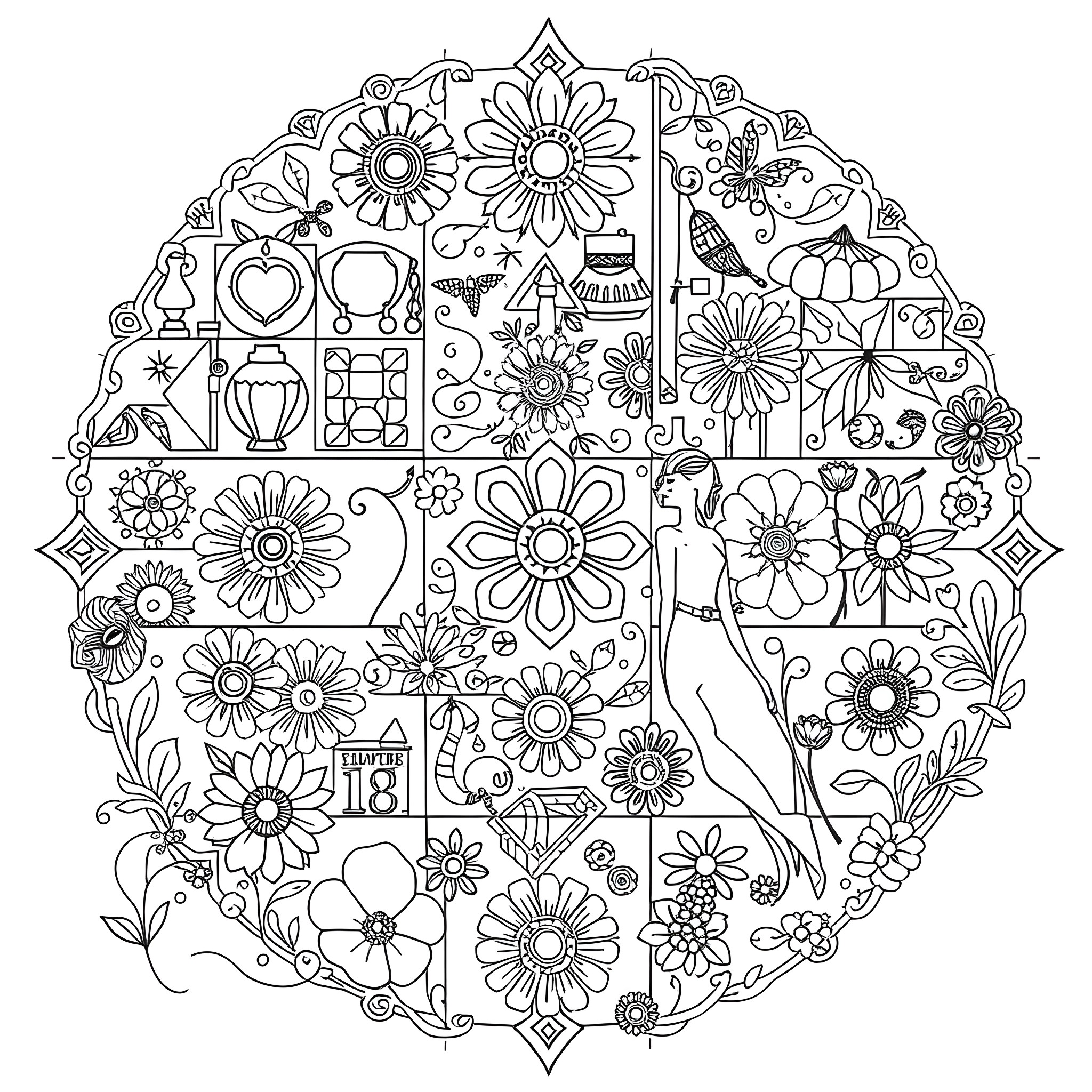 Patchwork of Whimsical Floral Designs Coloring Page (free black-and-white line drawing printable PDF for all, from beginners to advanced learners, including children, teens, adults, and seniors)