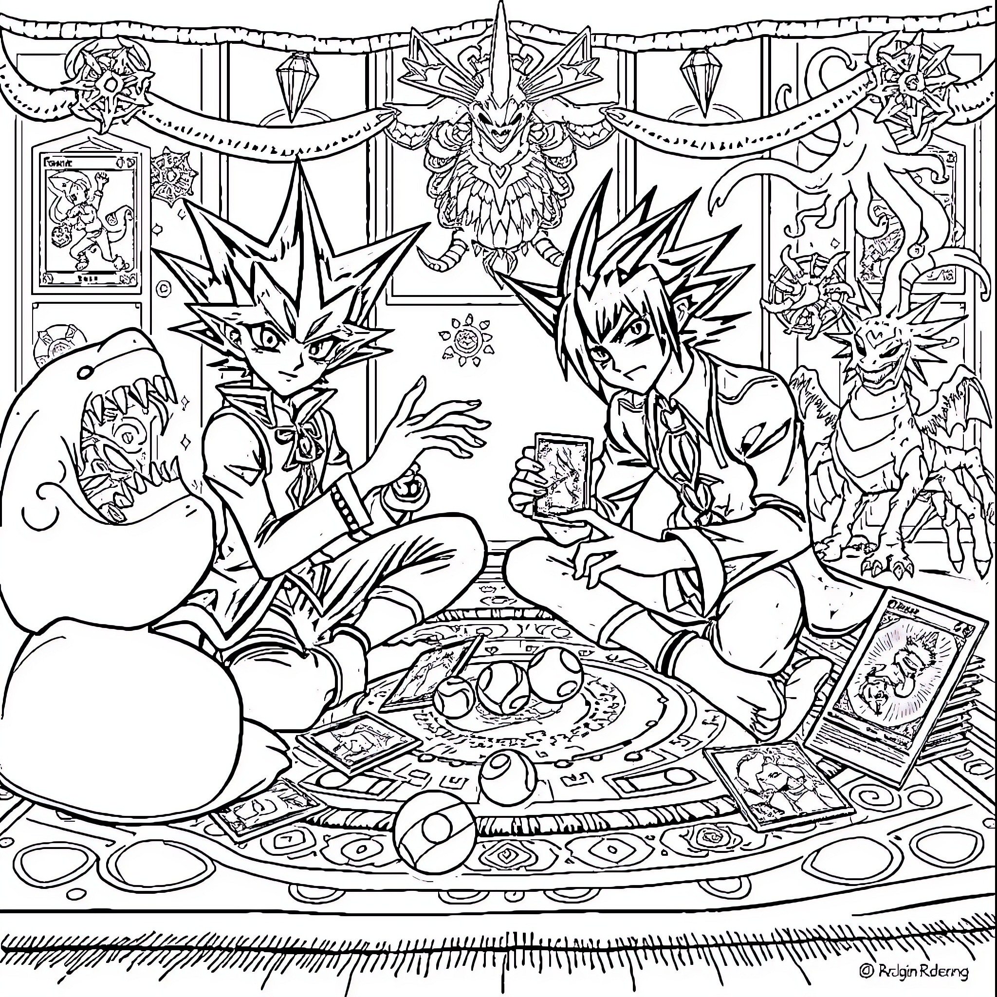 Yu-Gi-Oh Characters Engaged in Gaming and Dueling Festivities Coloring Page (free black-and-white line drawing printable PDF for all, from beginners to advanced learners, including children, teens, adults, and seniors)