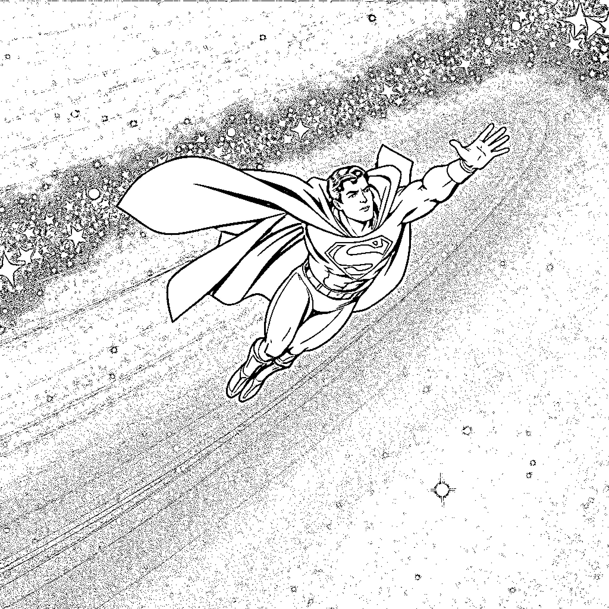 Superman soaring through the skies in action Coloring Page (free black-and-white line drawing printable PDF for all, from beginners to advanced learners, including children, teens, adults, and seniors)
