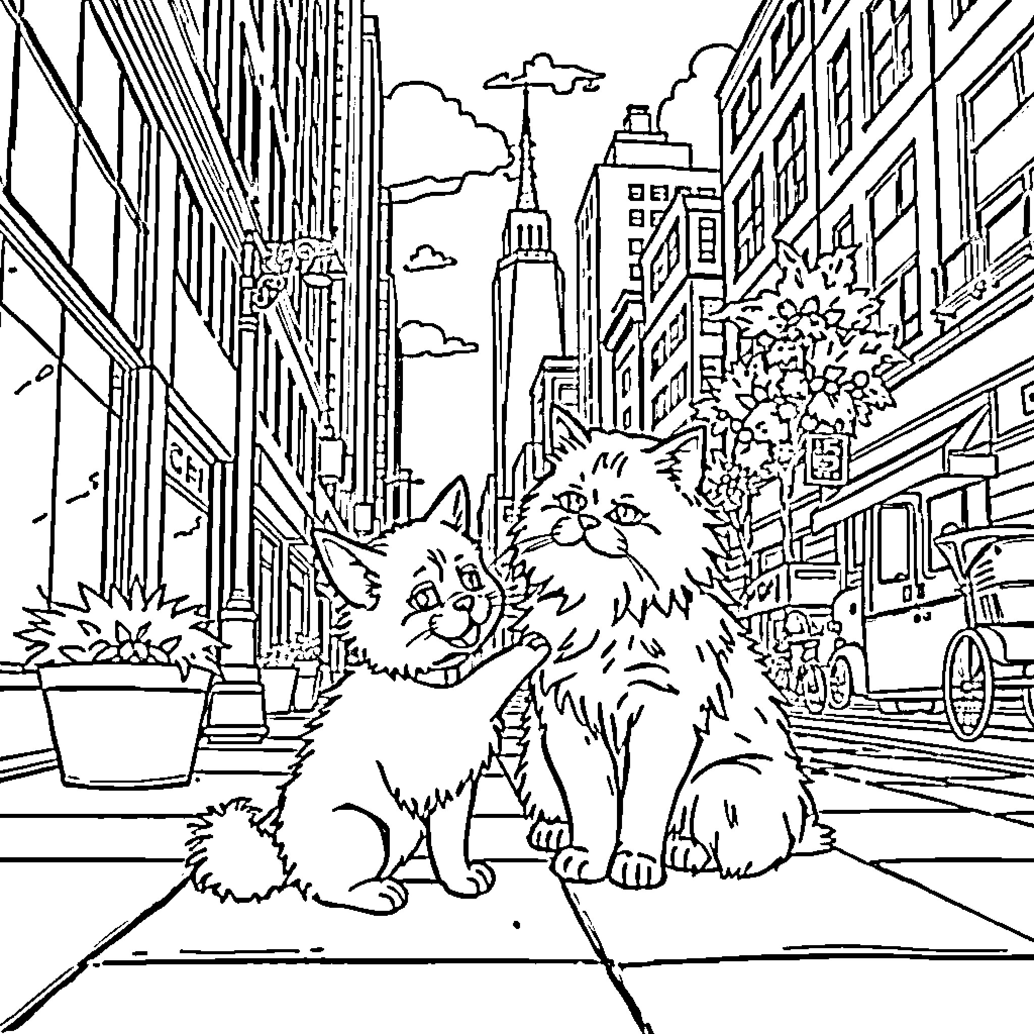 Cats exploring the cityscape Coloring Page (free black-and-white line drawing printable PDF for all, from beginners to advanced learners, including children, teens, adults, and seniors)