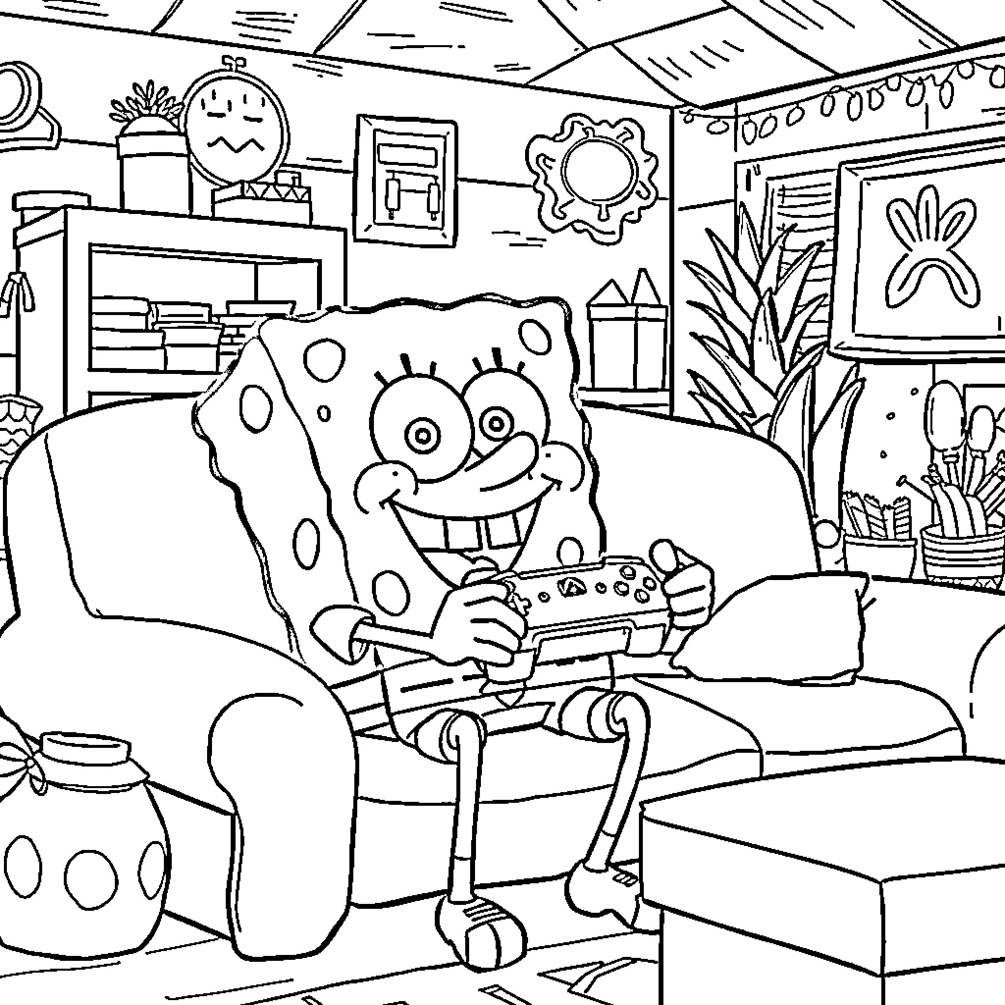 Spongebob enjoying a video game in his home Coloring Page (free black-and-white line drawing printable PDF for all, from beginners to advanced learners, including children, teens, adults, and seniors)