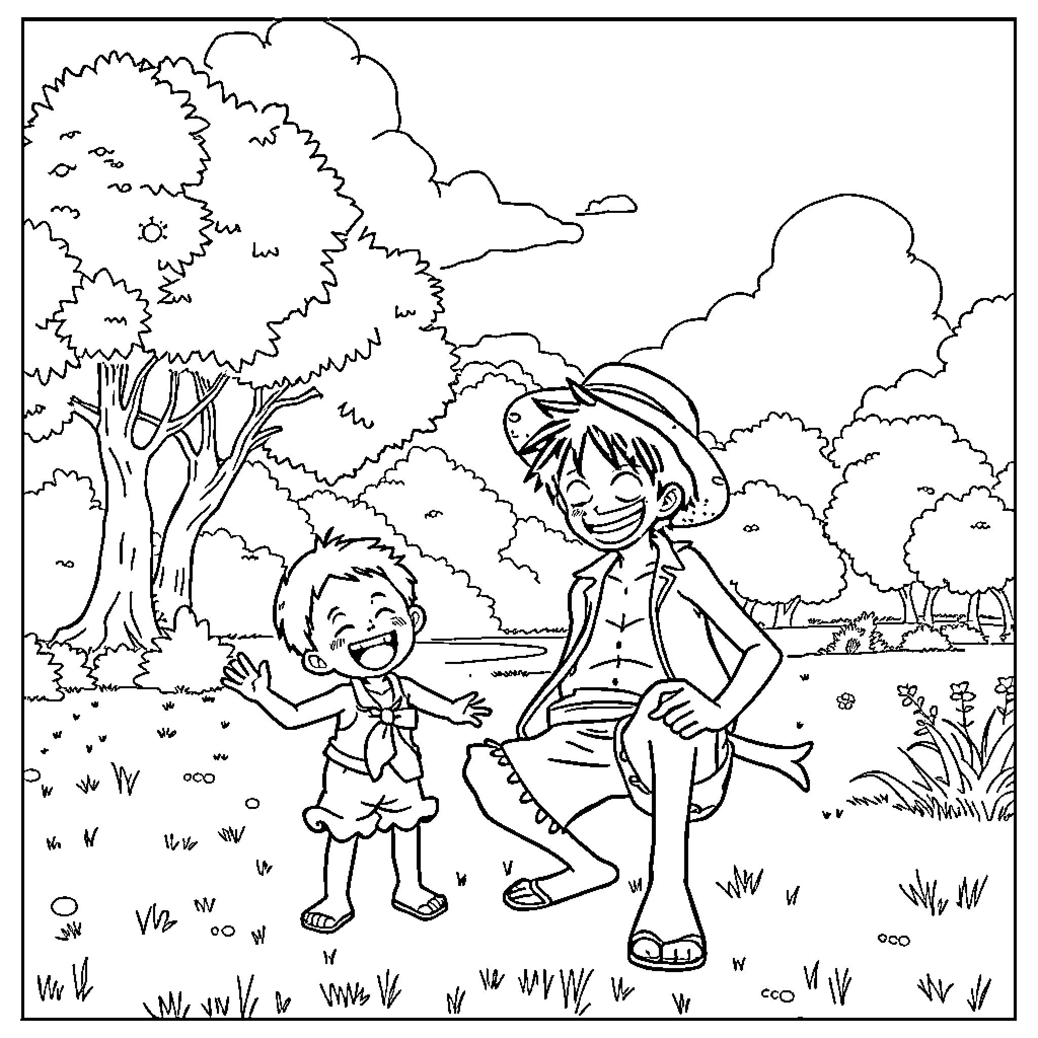 Luffy and friends explore the lush outdoors Coloring Page (free black-and-white line drawing printable PDF for all, from beginners to advanced learners, including children, teens, adults, and seniors)