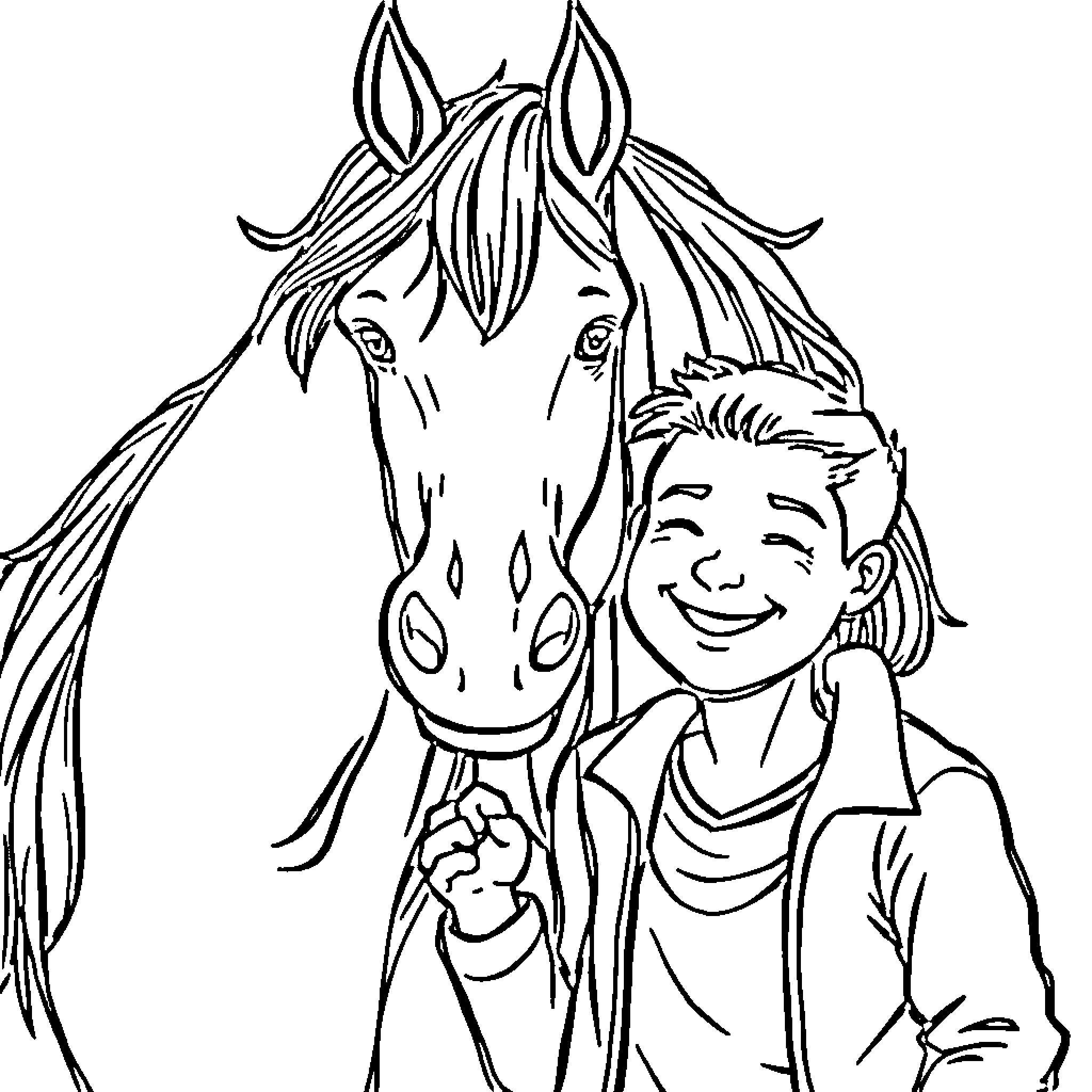 Horse and child enjoying each other's company Coloring Page (free black-and-white line drawing printable PDF for all, from beginners to advanced learners, including children, teens, adults, and seniors)