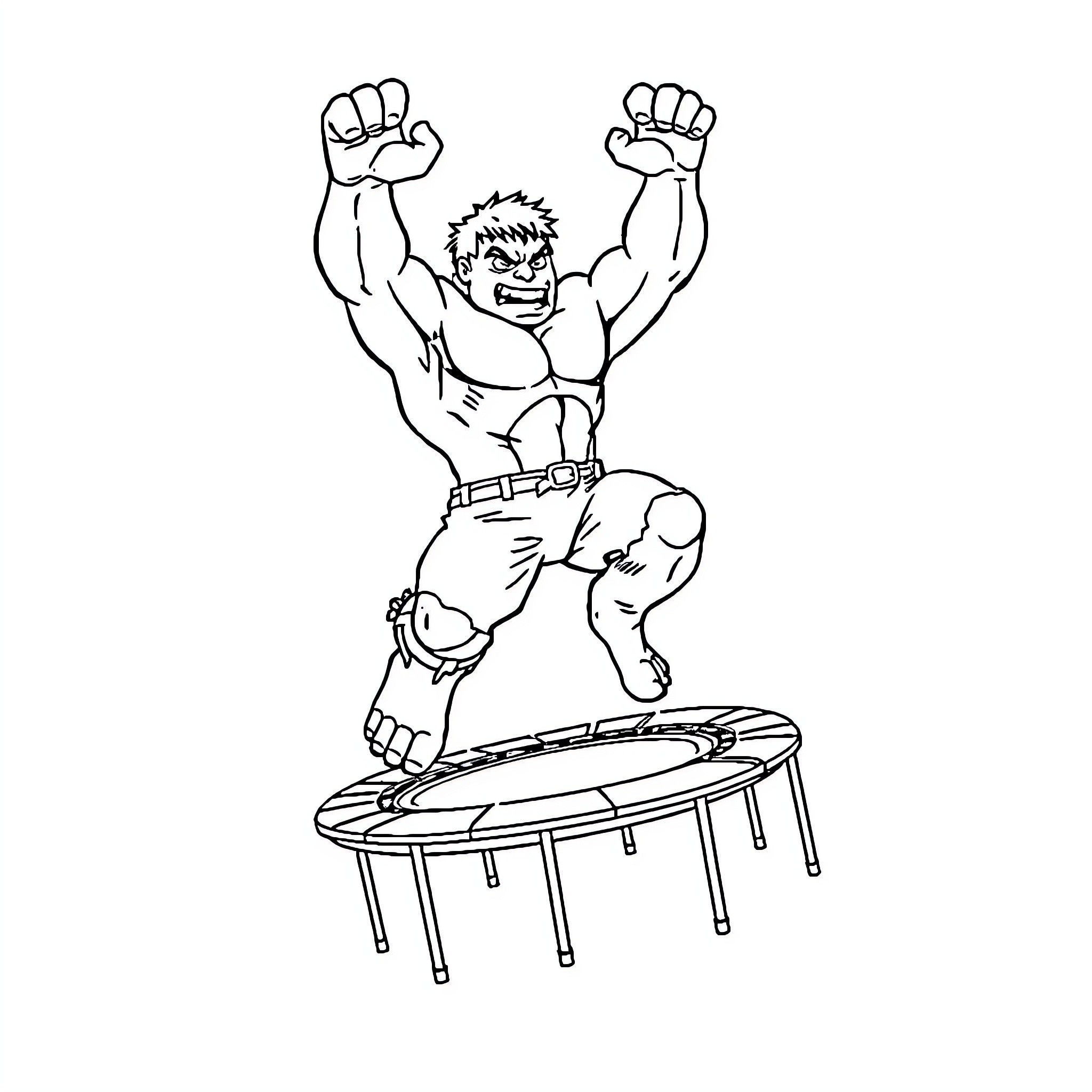 Hulk jumping excitedly on trampoline Coloring Page (free black-and-white line drawing printable PDF for all, from beginners to advanced learners, including children, teens, adults, and seniors)