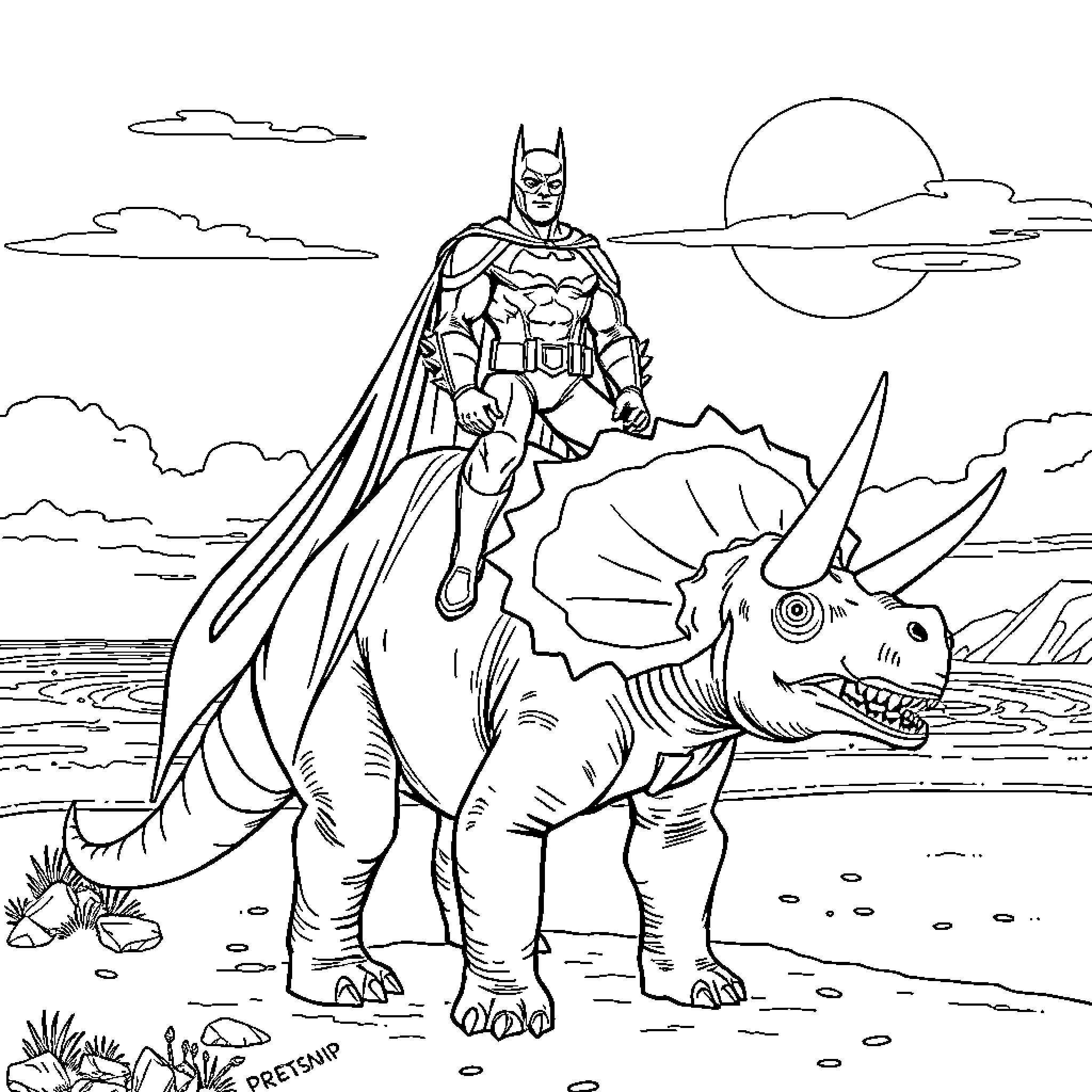 Triceratops and the Caped Crusader's Prehistoric Adventure Coloring Page (free black-and-white line drawing printable PDF for all, from beginners to advanced learners, including children, teens, adults, and seniors)