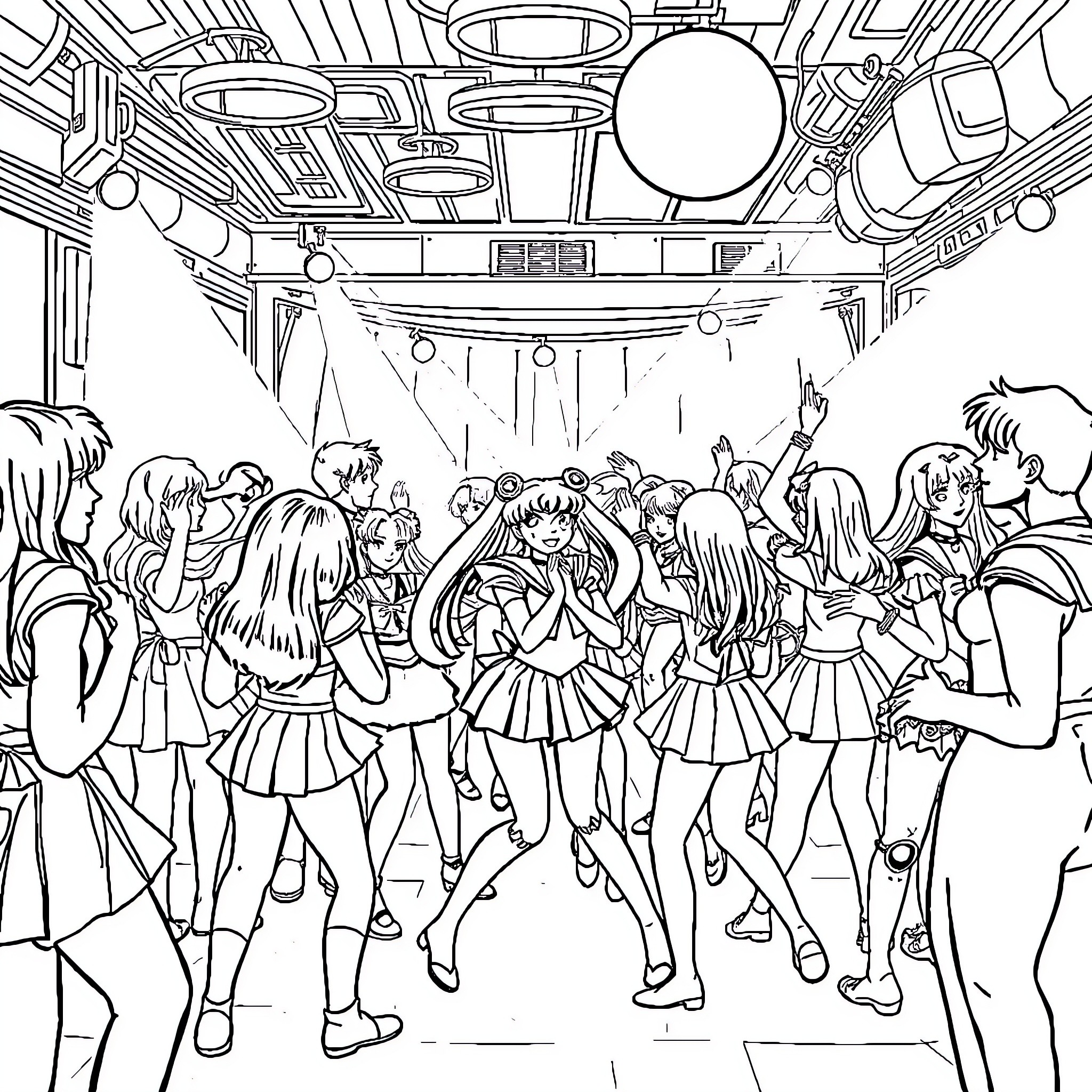 Sailormoon Characters Gathered in Futuristic Setting Coloring Page (free black-and-white line drawing printable PDF for all, from beginners to advanced learners, including children, teens, adults, and seniors)