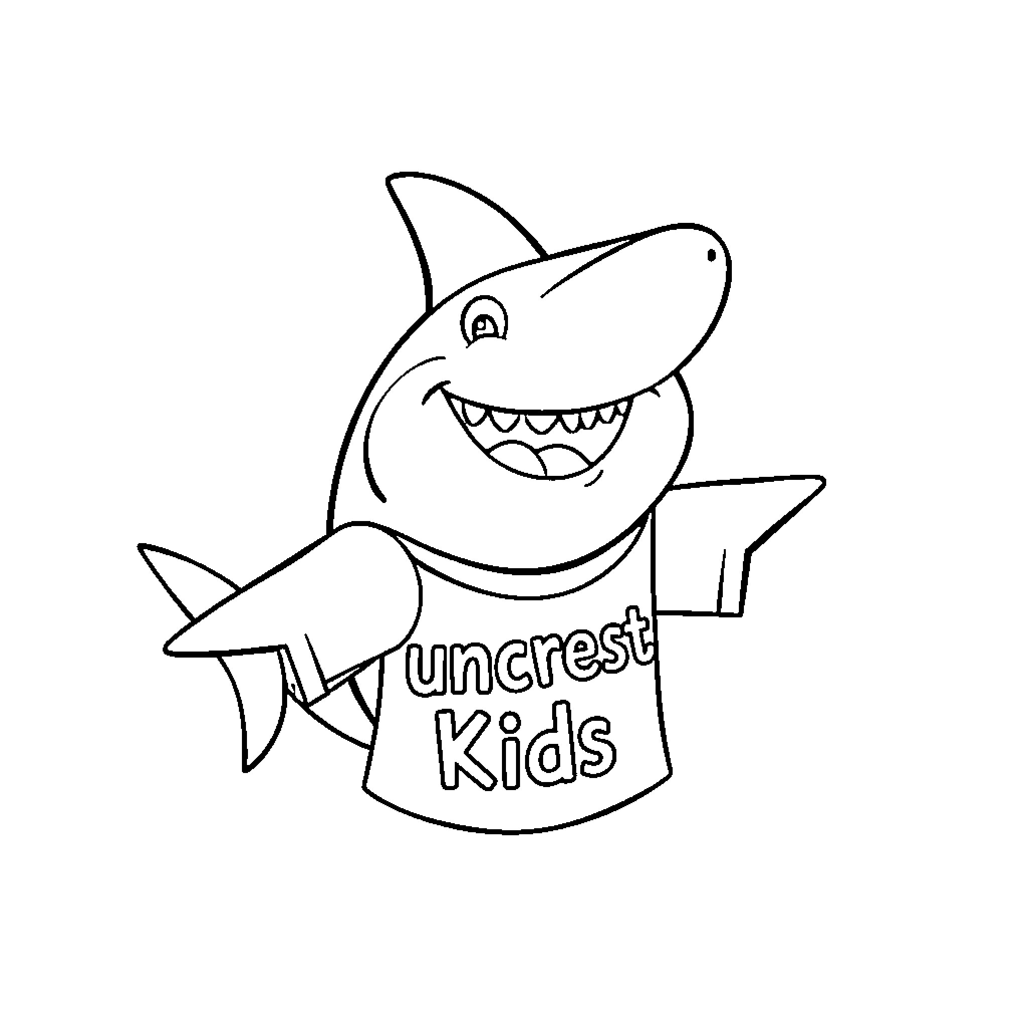 Shark wearing Uncrest Kids shirt Coloring Page (free black-and-white line drawing printable PDF for all, from beginners to advanced learners, including children, teens, adults, and seniors)