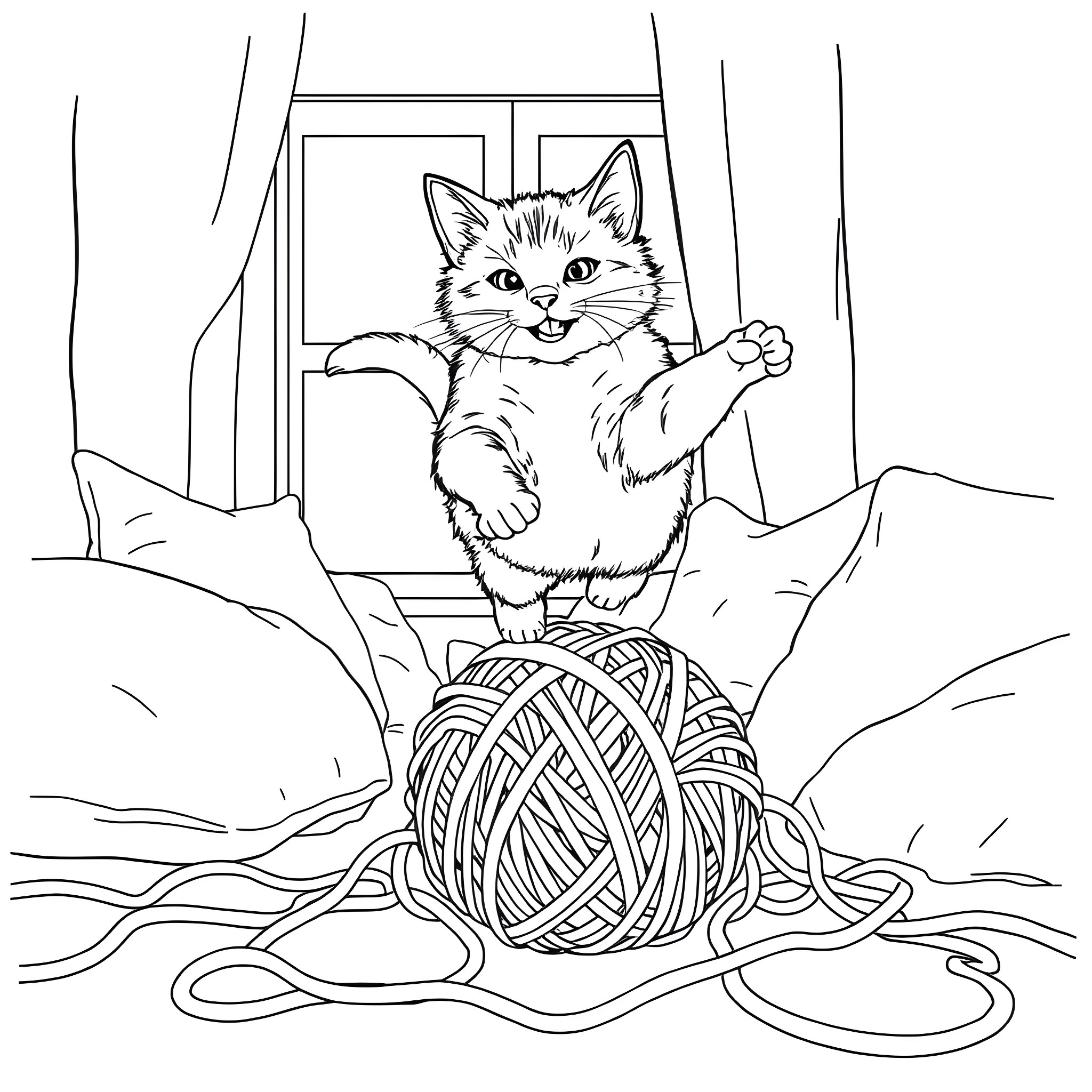 Cat playing with yarn ball on the floor Coloring Page (free black-and-white line drawing printable PDF for all, from beginners to advanced learners, including children, teens, adults, and seniors)