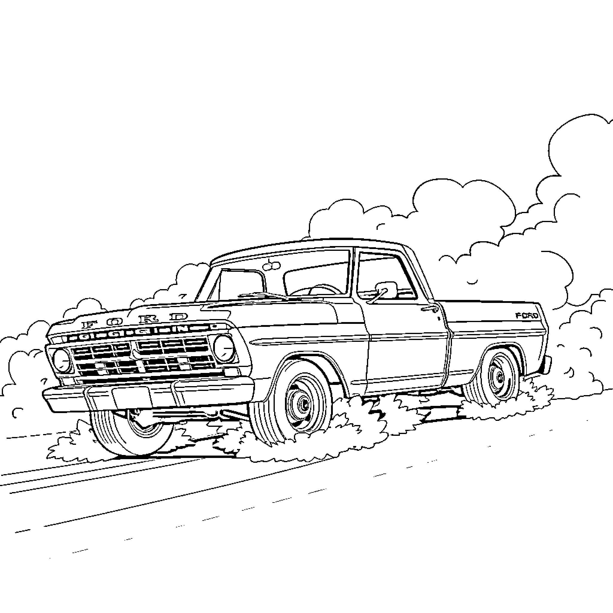 Ford F-100 vintage truck driving on the road Coloring Page (free black-and-white line drawing printable PDF for all, from beginners to advanced learners, including children, teens, adults, and seniors)