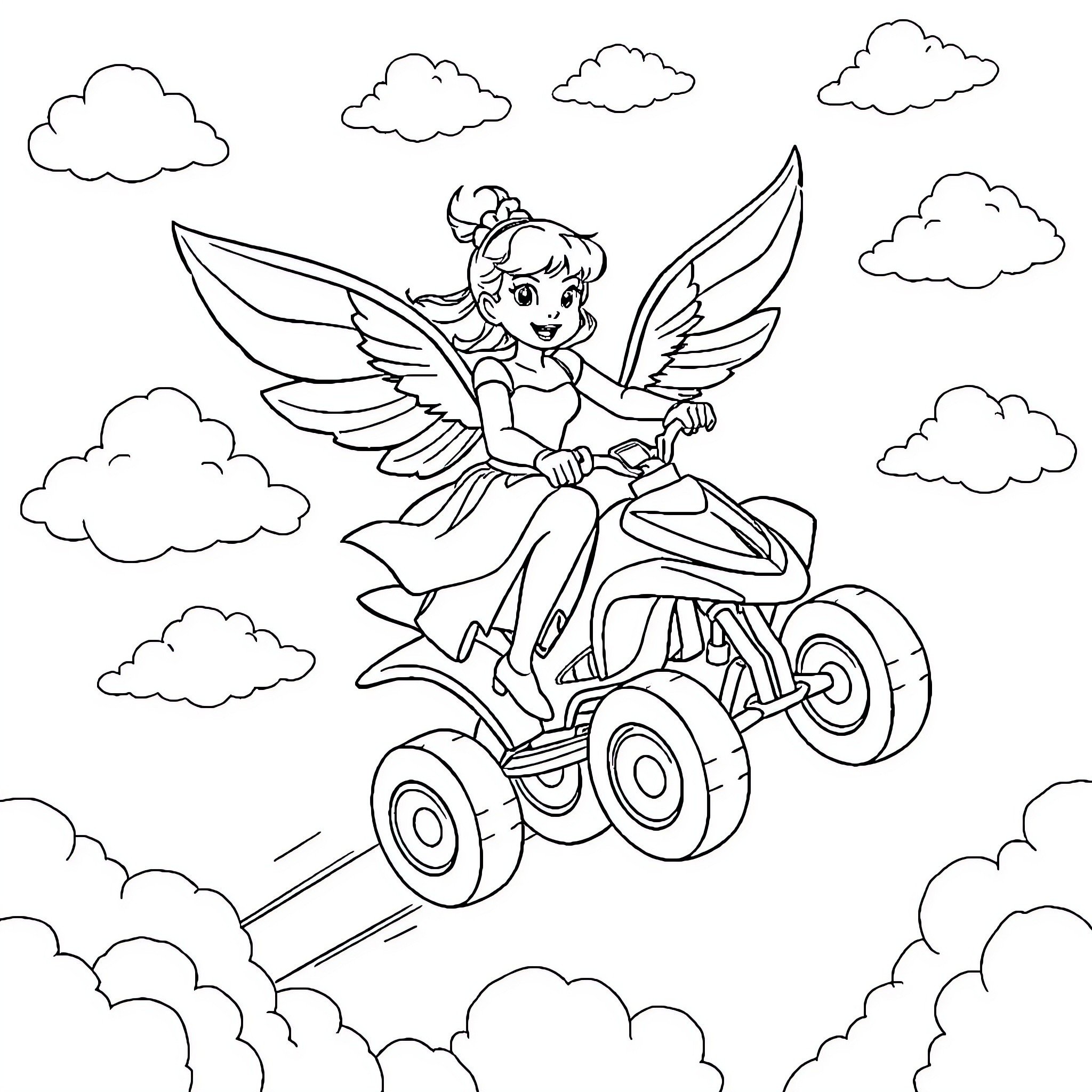 Cinderella riding a fantasy vehicle with wings Coloring Page (free black-and-white line drawing printable PDF for all, from beginners to advanced learners, including children, teens, adults, and seniors)