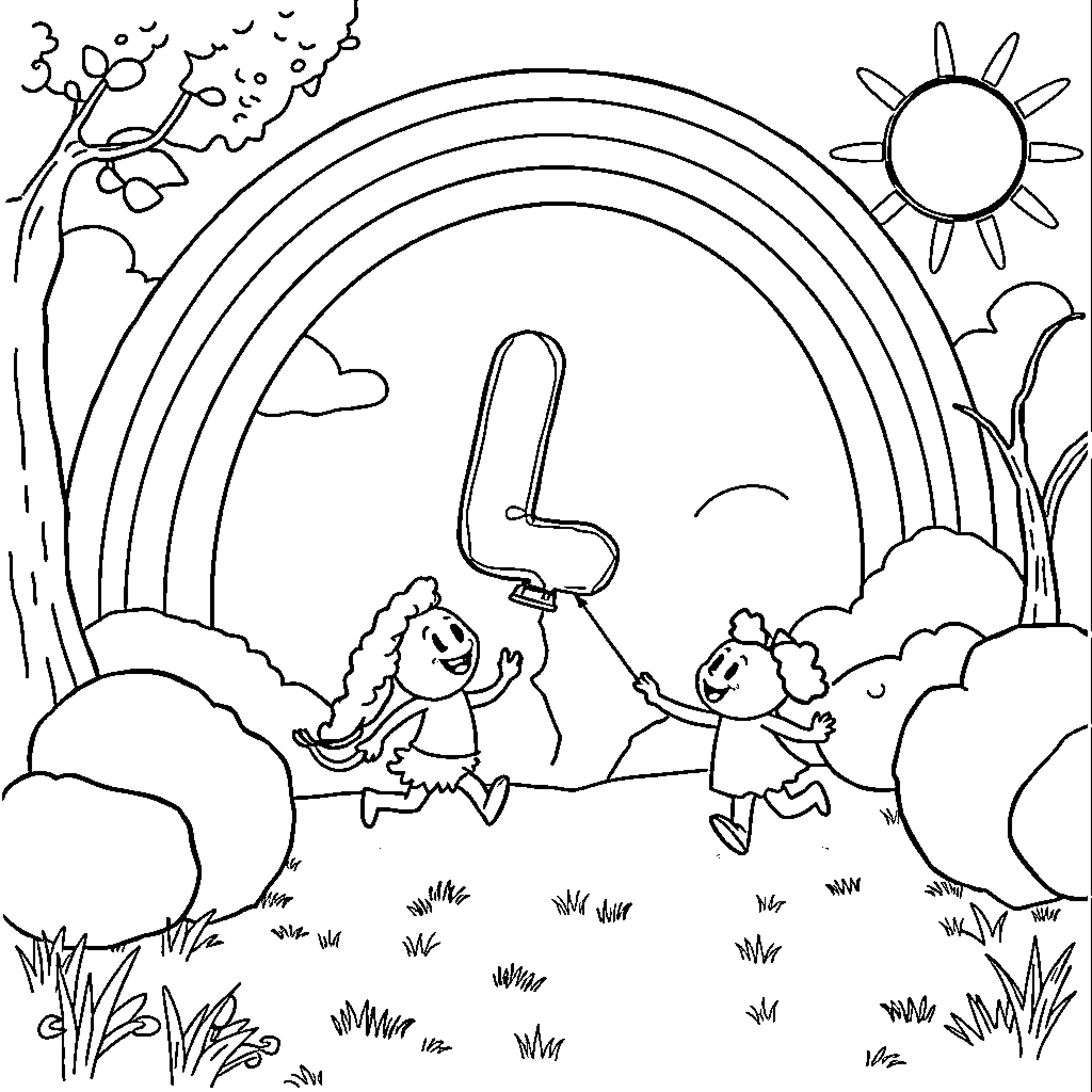 Friends playing happily in the nature scene Coloring Page (free black-and-white line drawing printable PDF for all, from beginners to advanced learners, including children, teens, adults, and seniors)