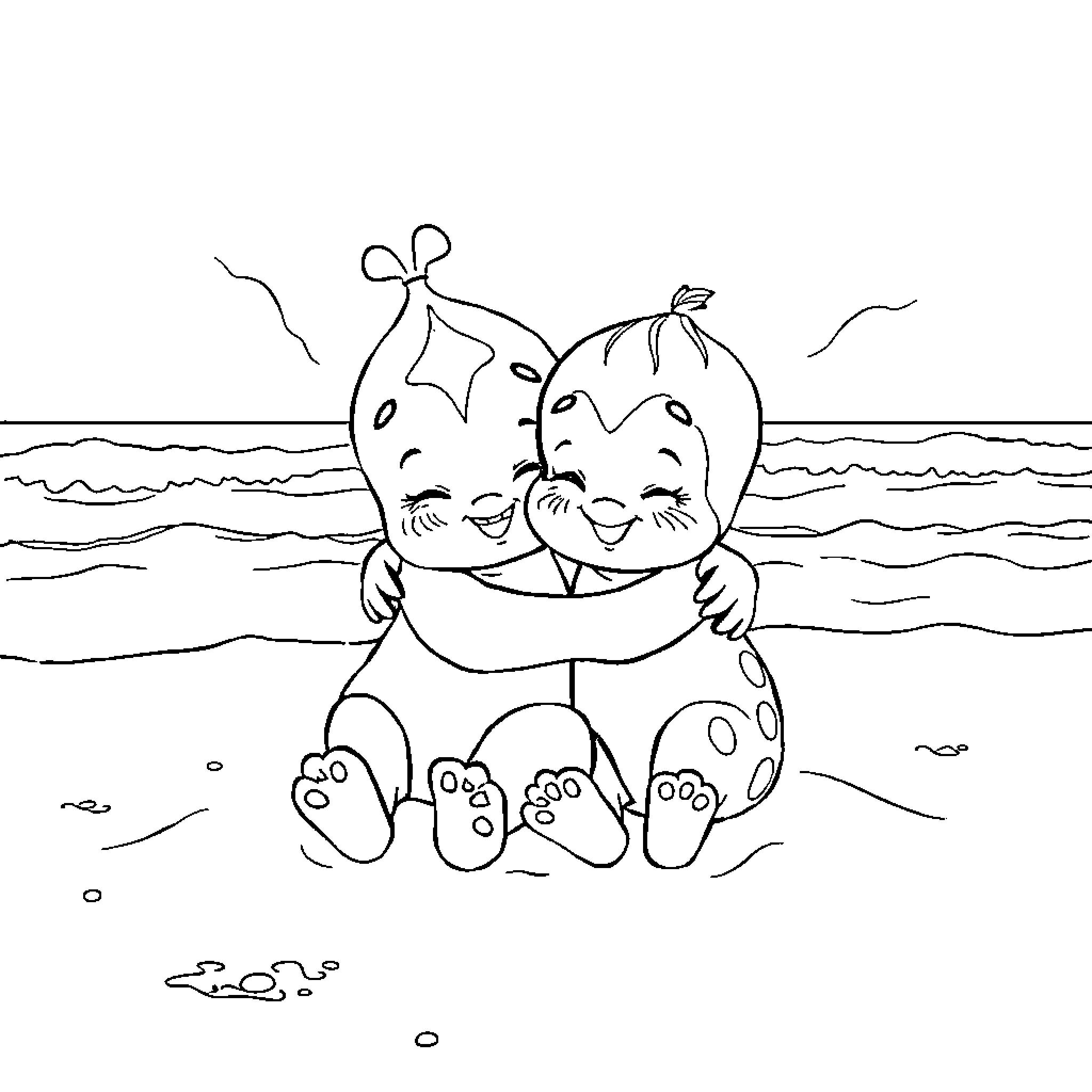 Bubu playing happily in the waves Coloring Page (free black-and-white line drawing printable PDF for all, from beginners to advanced learners, including children, teens, adults, and seniors)