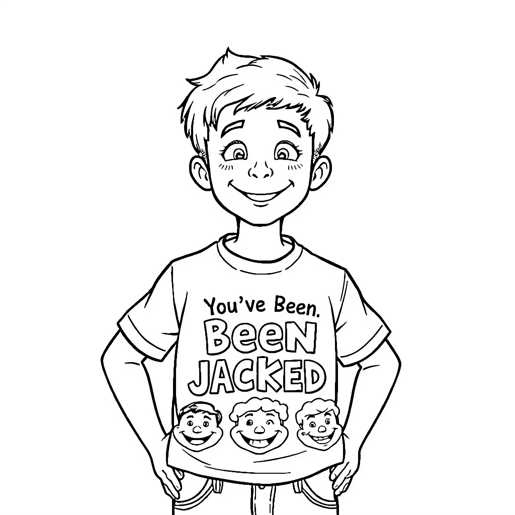 Boy with playful expression wearing slogan t-shirt Coloring Page (free black-and-white line drawing printable PDF for all, from beginners to advanced learners, including children, teens, adults, and seniors)